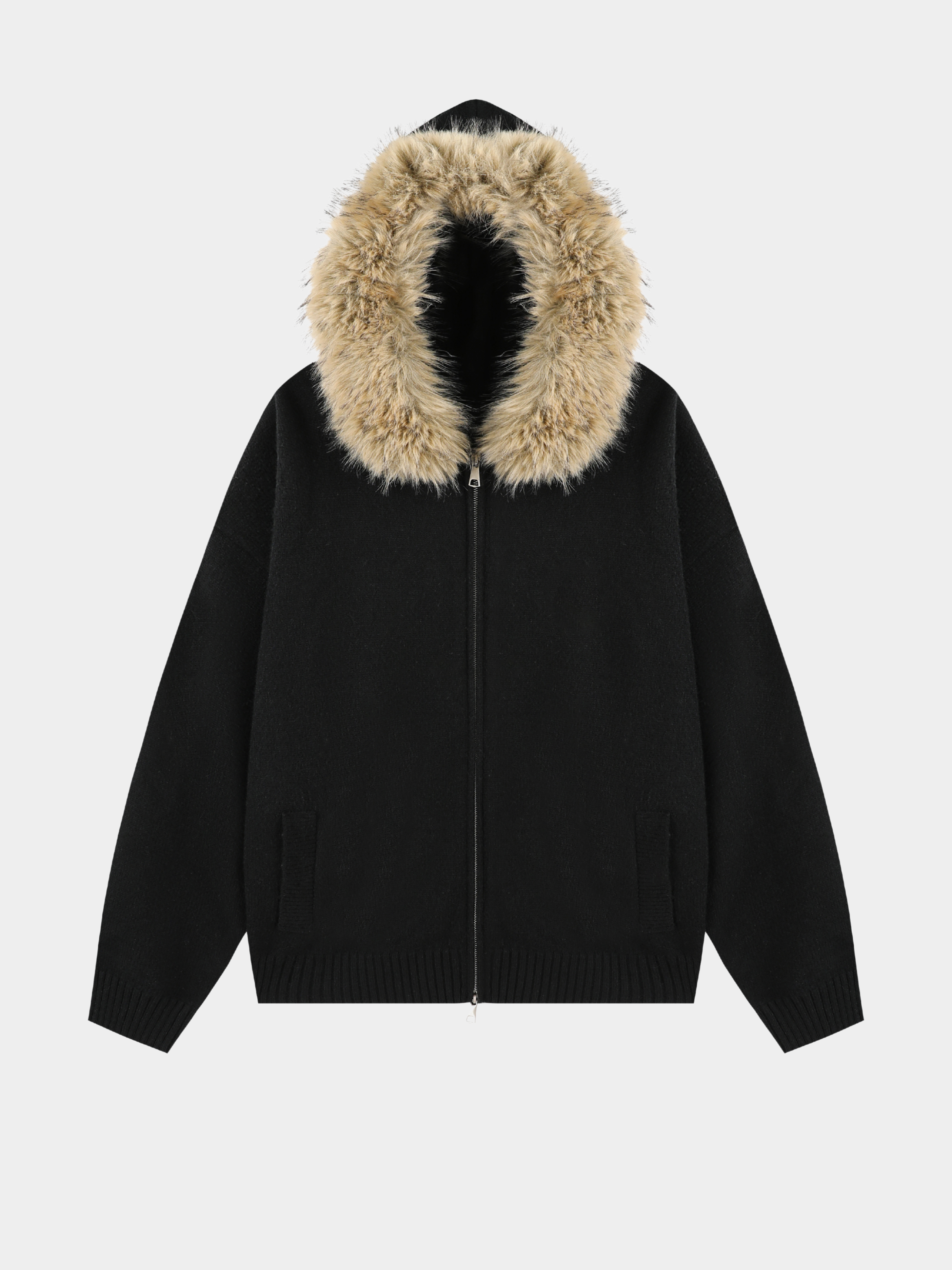 EchoPath - Unisex Solid Color Double Zipper Fur Collar Cardigan Jacket