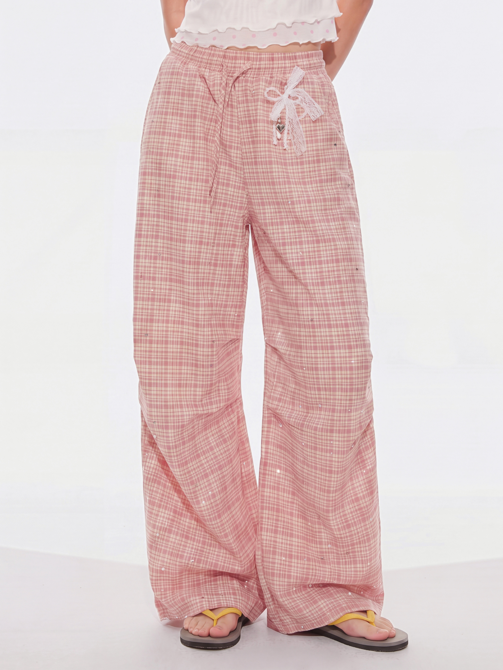 CupidFloat - Women's Plaid Rhinestone Embroidered Curved-Leg Pants
