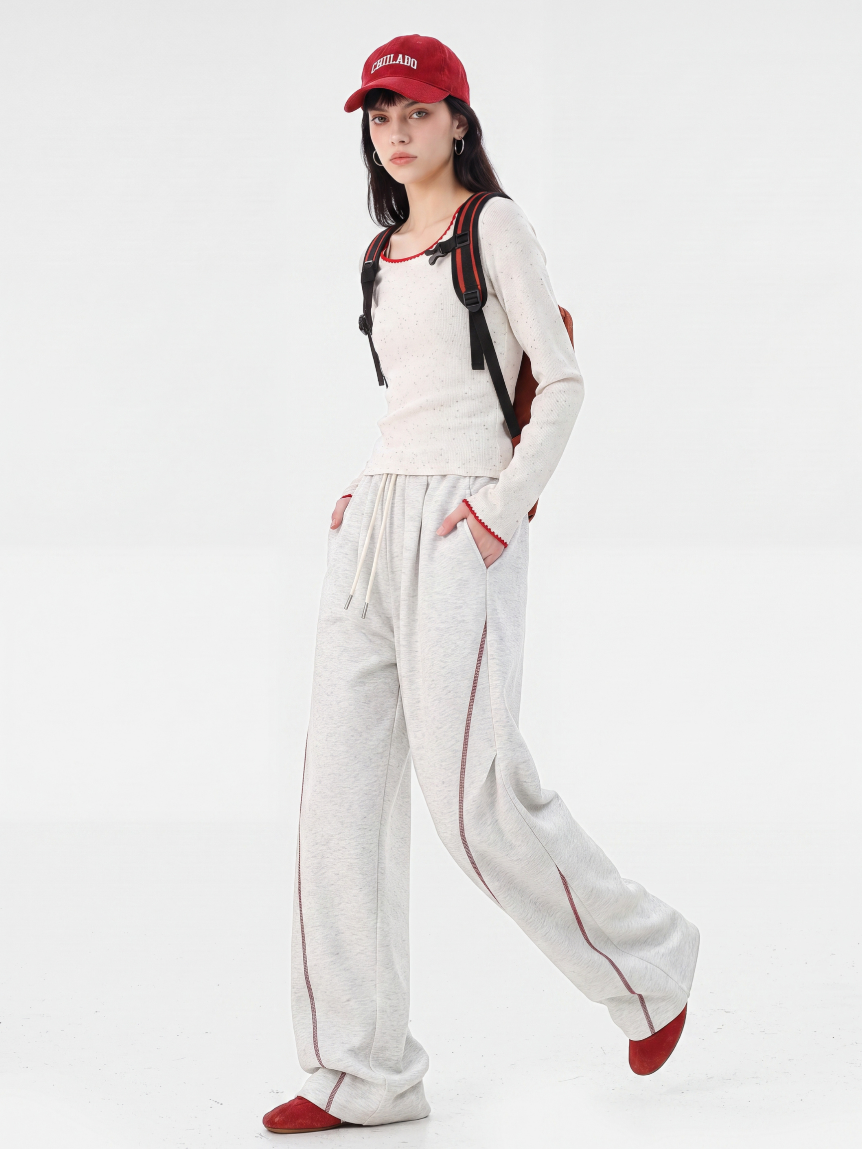 TraceSway - Women's Contrast Stitch Wide-Leg Pants