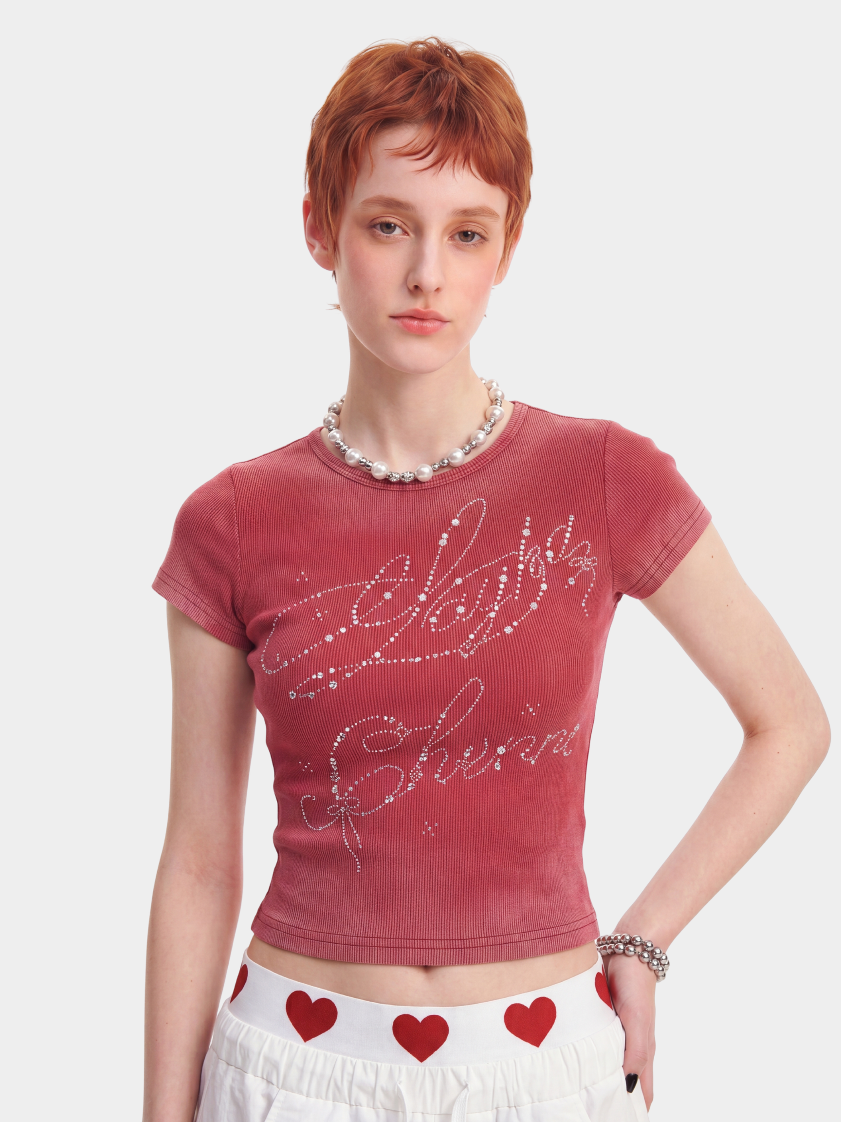 GlitzTee - Women's Gradient Washed Rhinestone Letter Crew Neck Top