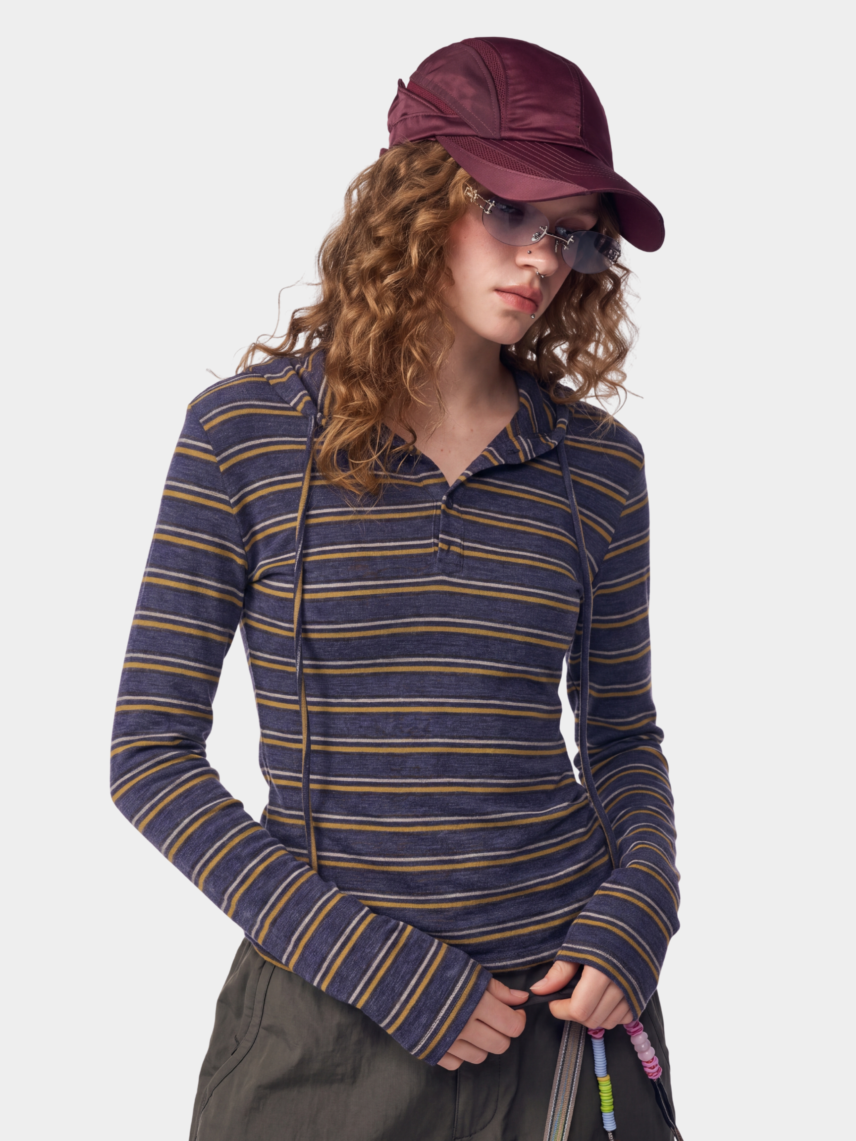 HueDrift - Women's Striped Slim Fit Hooded Base Layer Top