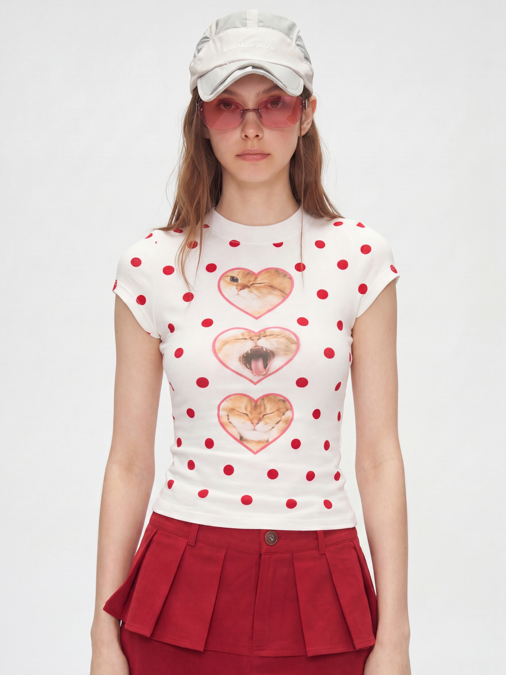 PopTart - Women's Polka Dot Cat Print Fitted Cropped T-Shirt