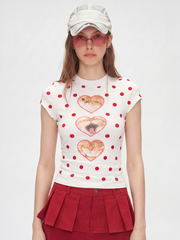 PopTart - Women's Polka Dot Cat Print Fitted Cropped T-Shirt