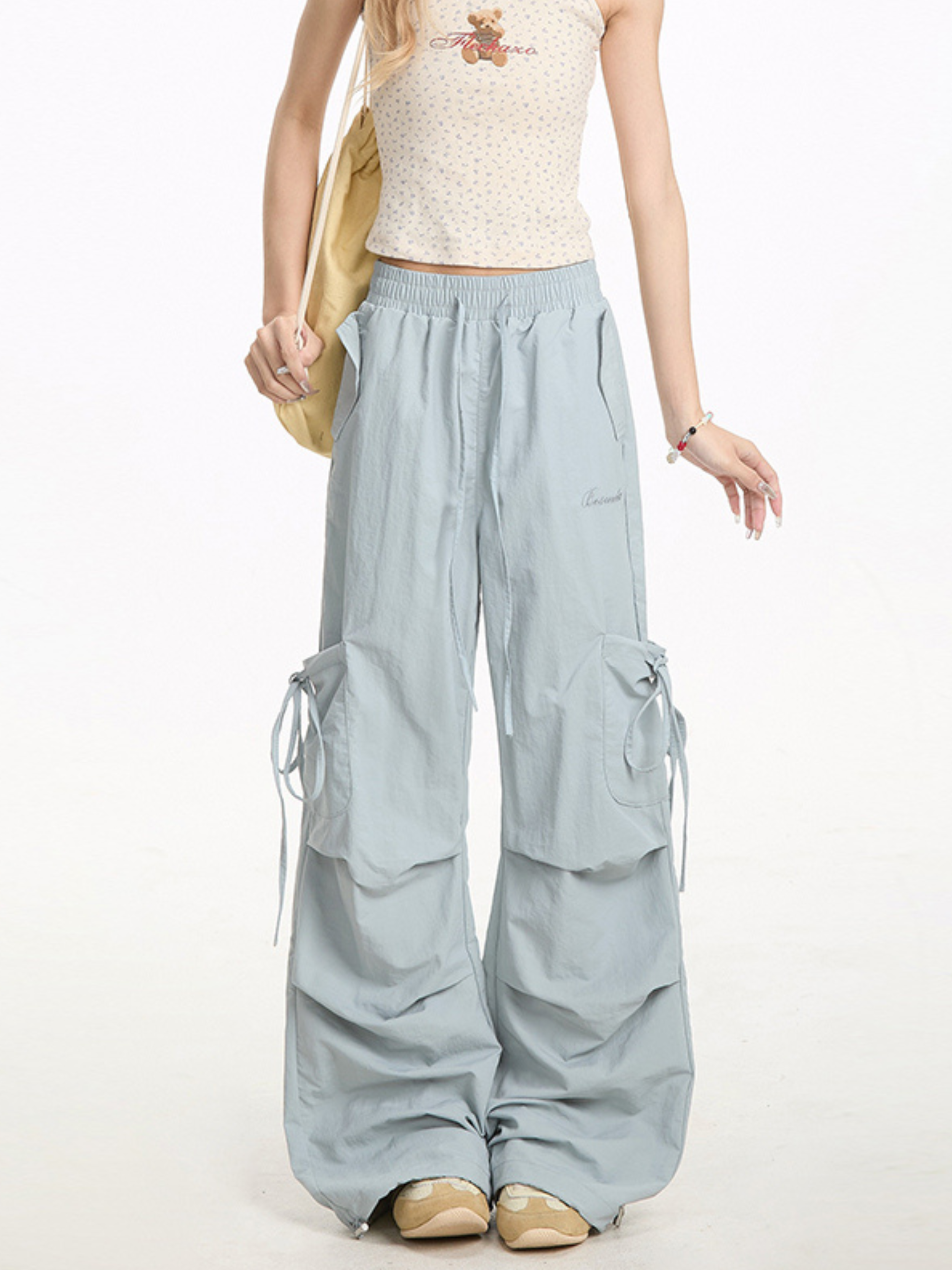 Aquarun - Women's Bow-Tie Strap Pleated Cargo Pants - Sky Blue / S
