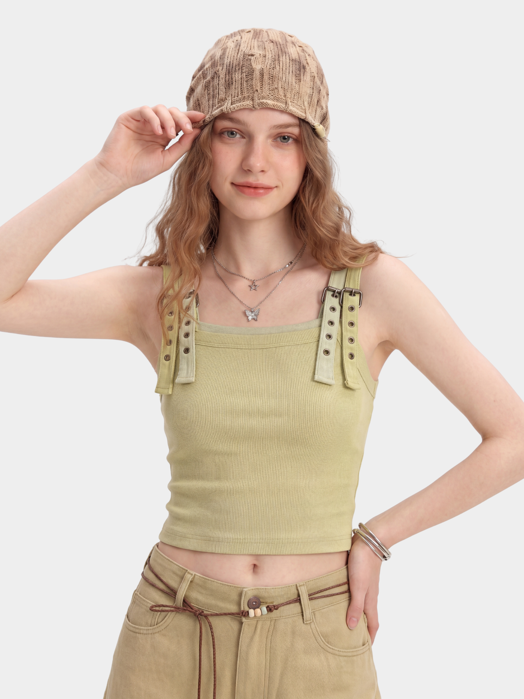 SatinFlow - Women's Adjustable Strap Two-Layer Look Cropped Tank Top