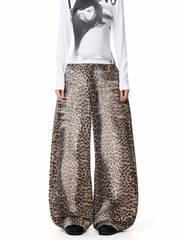 Nightflare - Women's Washed Leopard Print Canvas Barrel-Leg Pants