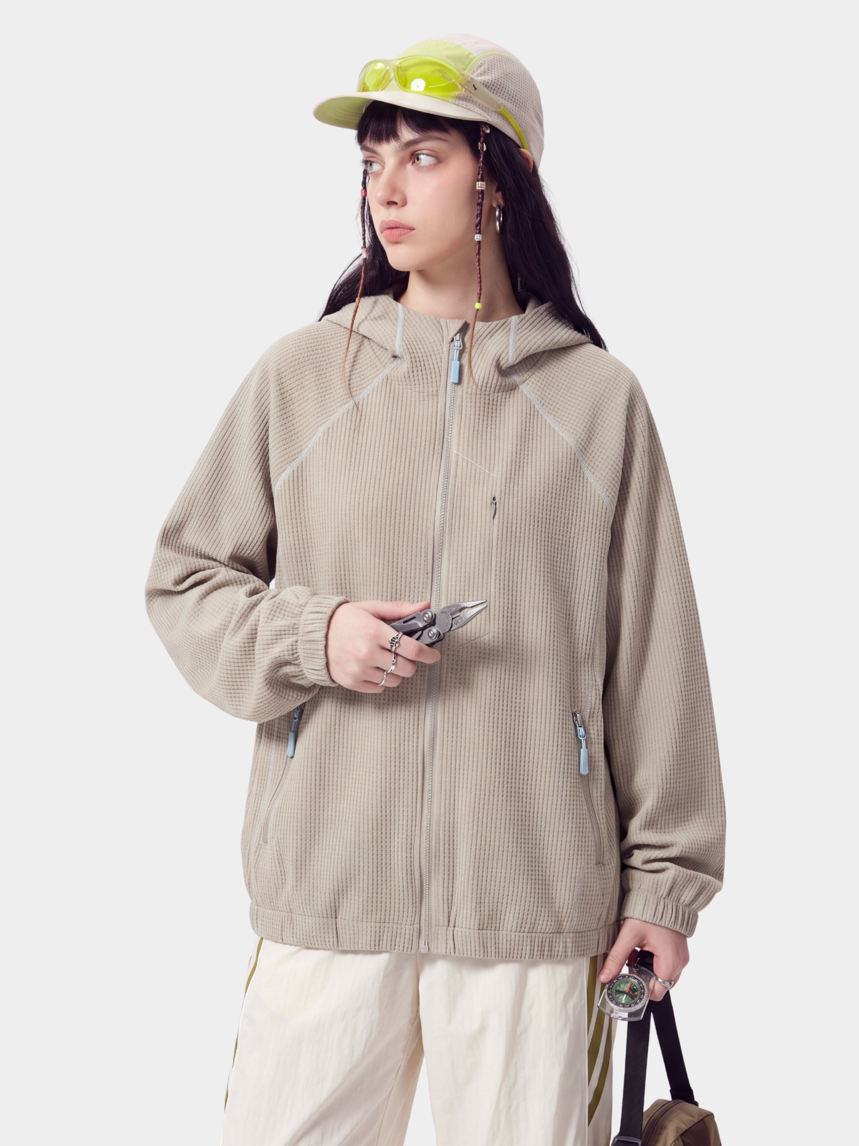 SplitVeil - Unisex Waffle Texture Contrast Stitch Zip-Up Jacket
