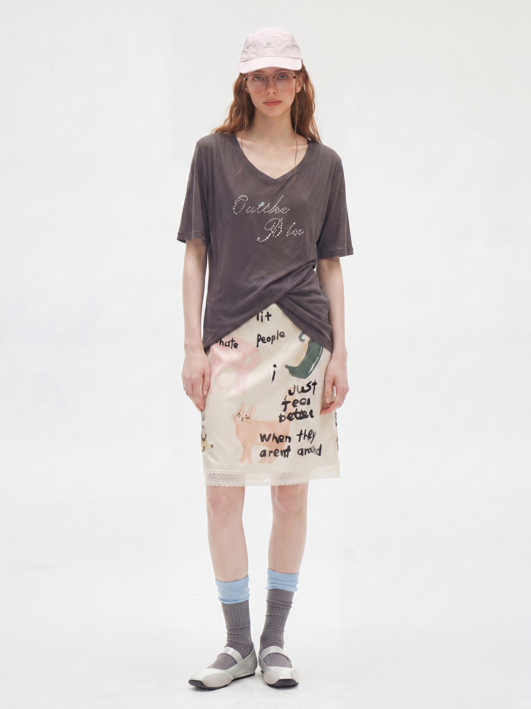 LadyBug - Women's Cat Sketch Print Satin Lace Skirt