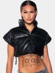 Snowscape - Women's Duck Down Padded Leather-Look Stand Collar Vest