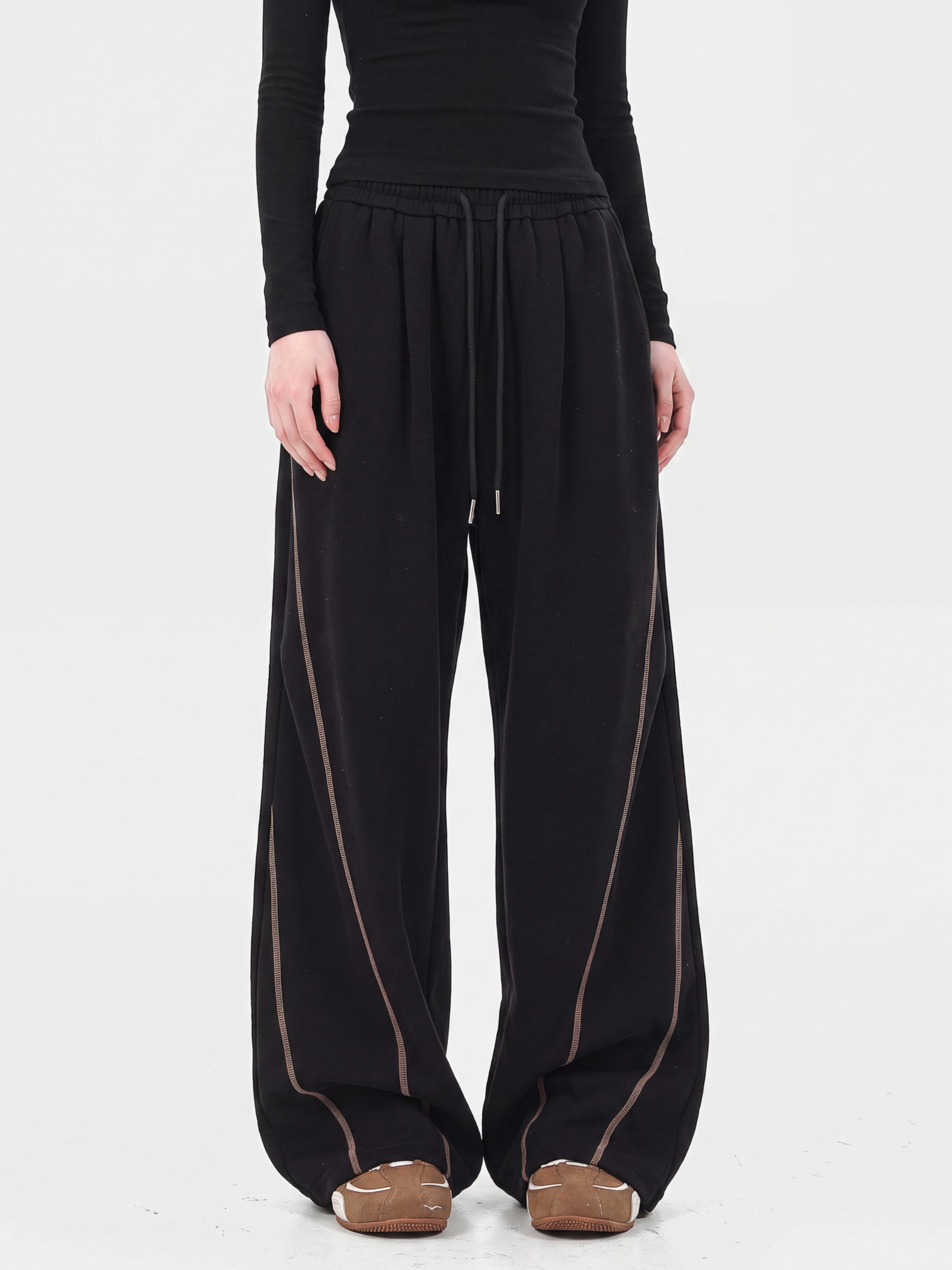TraceSway - Women's Contrast Stitch Wide-Leg Pants