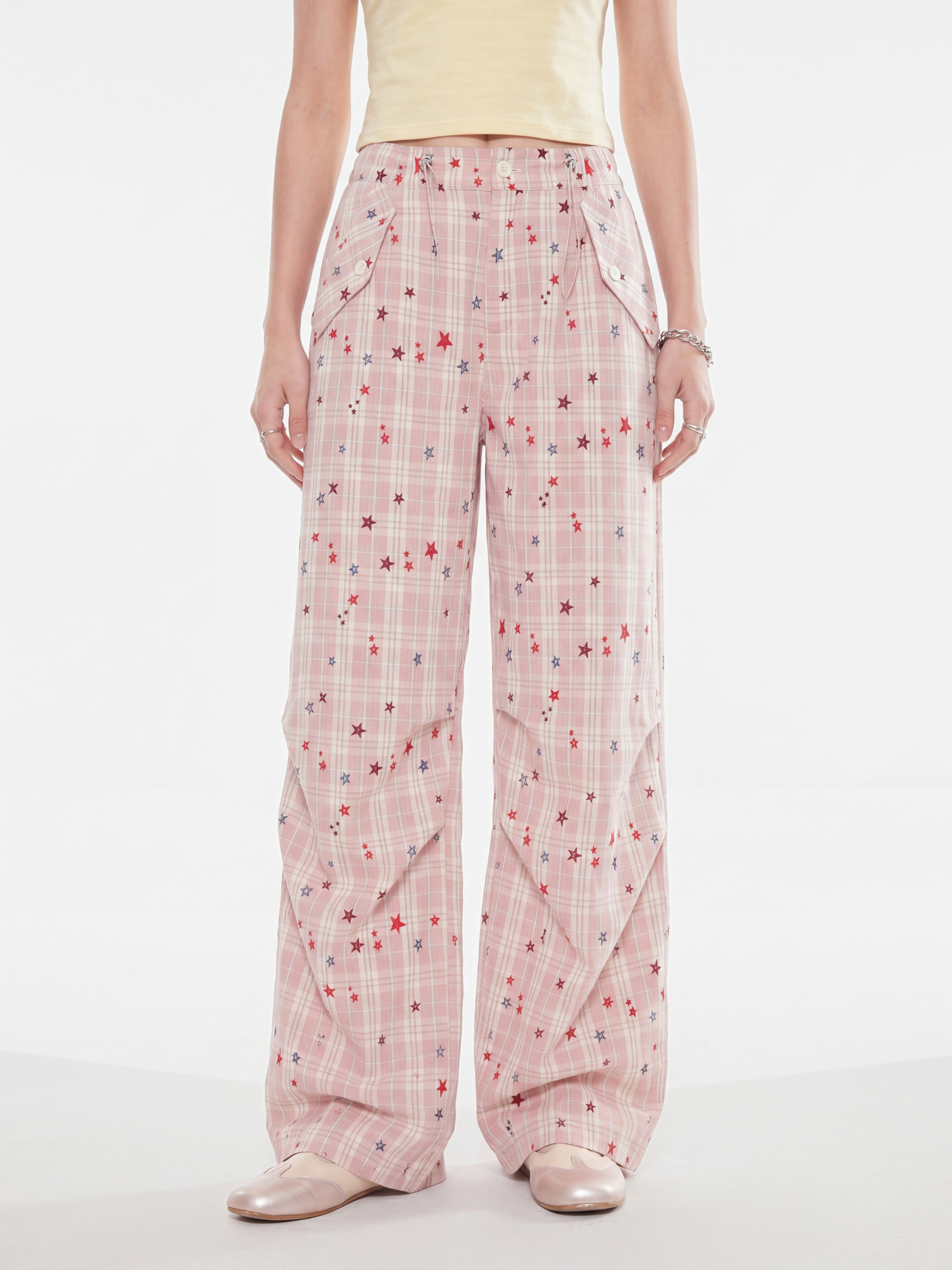 StarVeil - Women's Star Plaid Wide-Leg Curved Pants