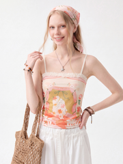 CherryGlow - Women's Floral Cat Print Lace Trim Cami Top