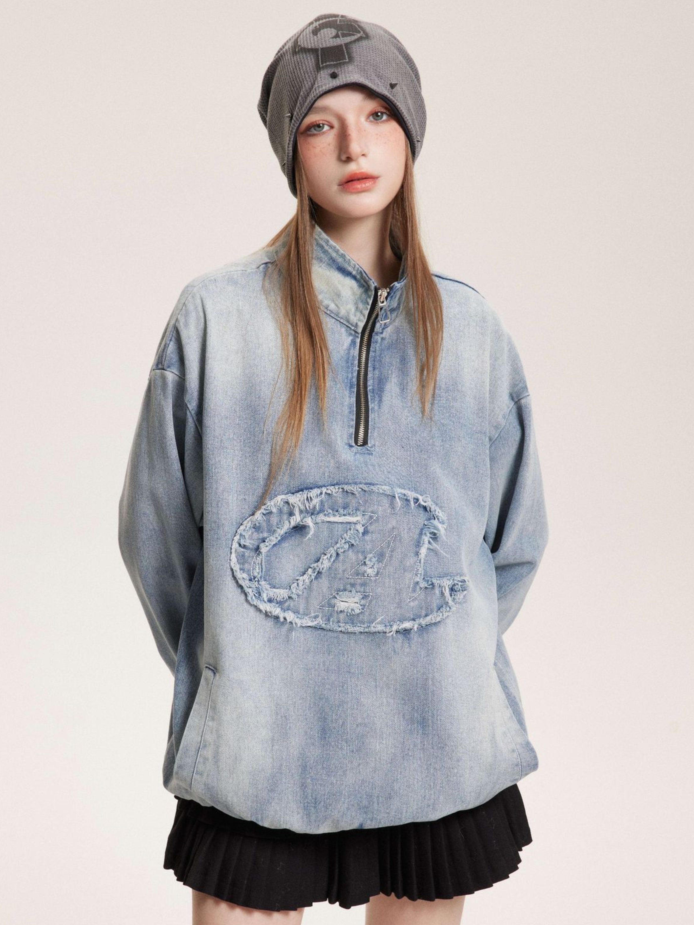 GorgeNest - Unisex Patchwork Half-Zip Denim Pullover Hoodie