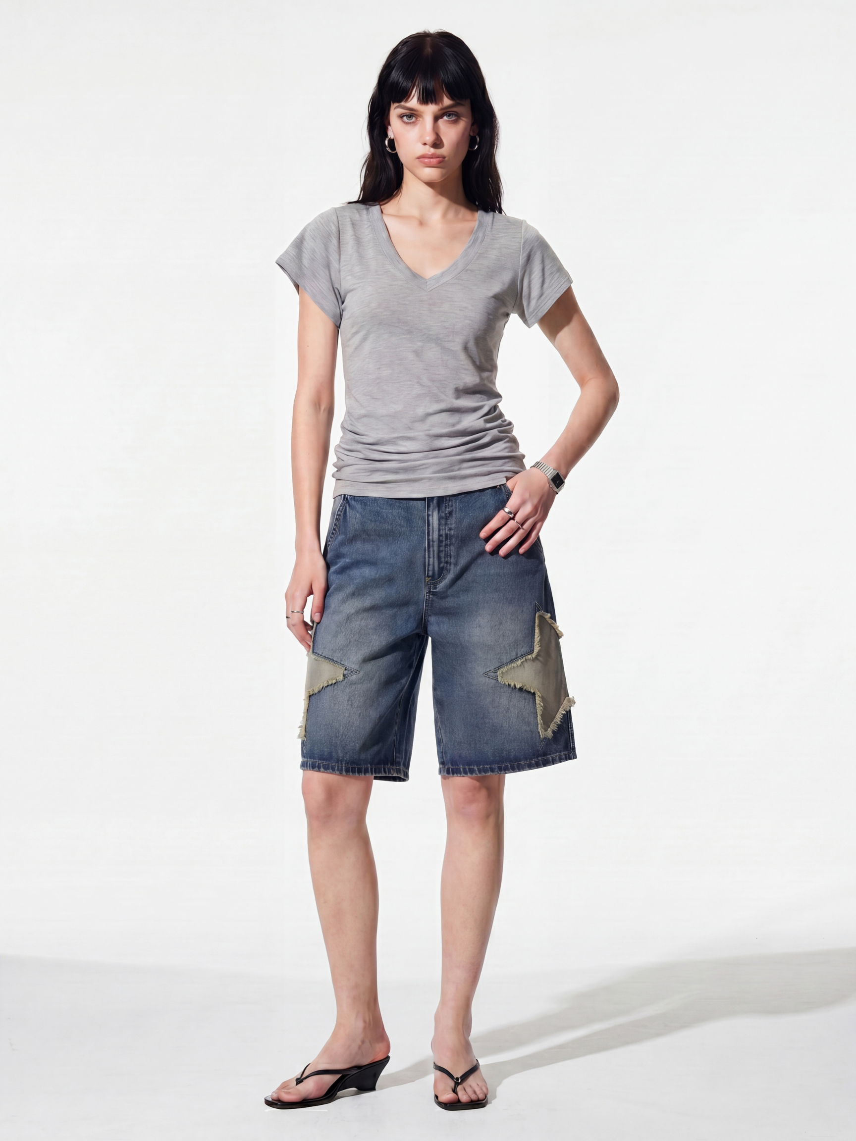 StarStitch - Women's Star Embroidered Denim Bermuda Shorts