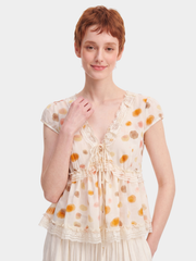 DawnSway - Women's Lyocell Linen Lace Trim V-Neck Top