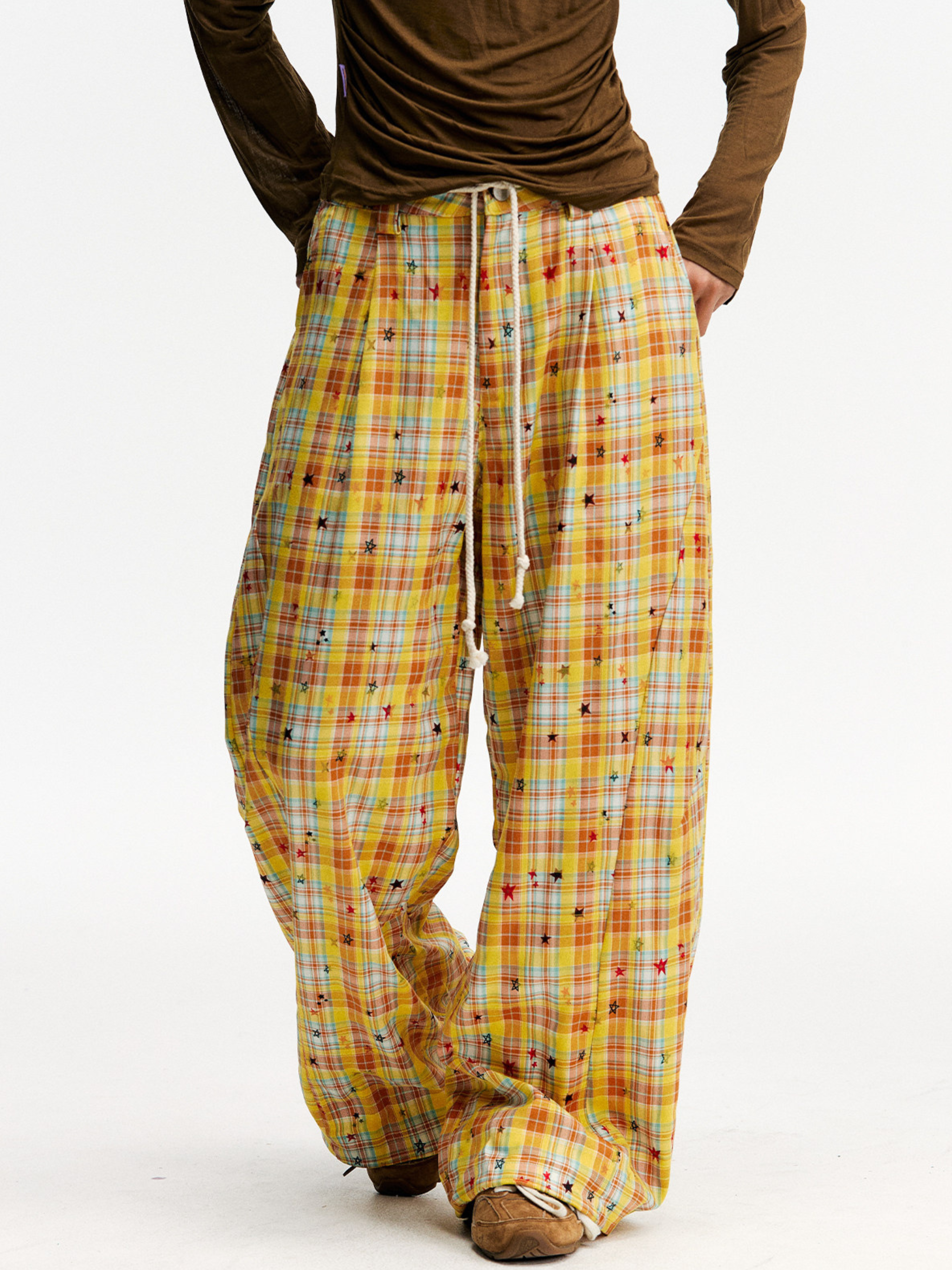 Ashlight - Women's Star Plaid Print Lightweight Drawstring Pants