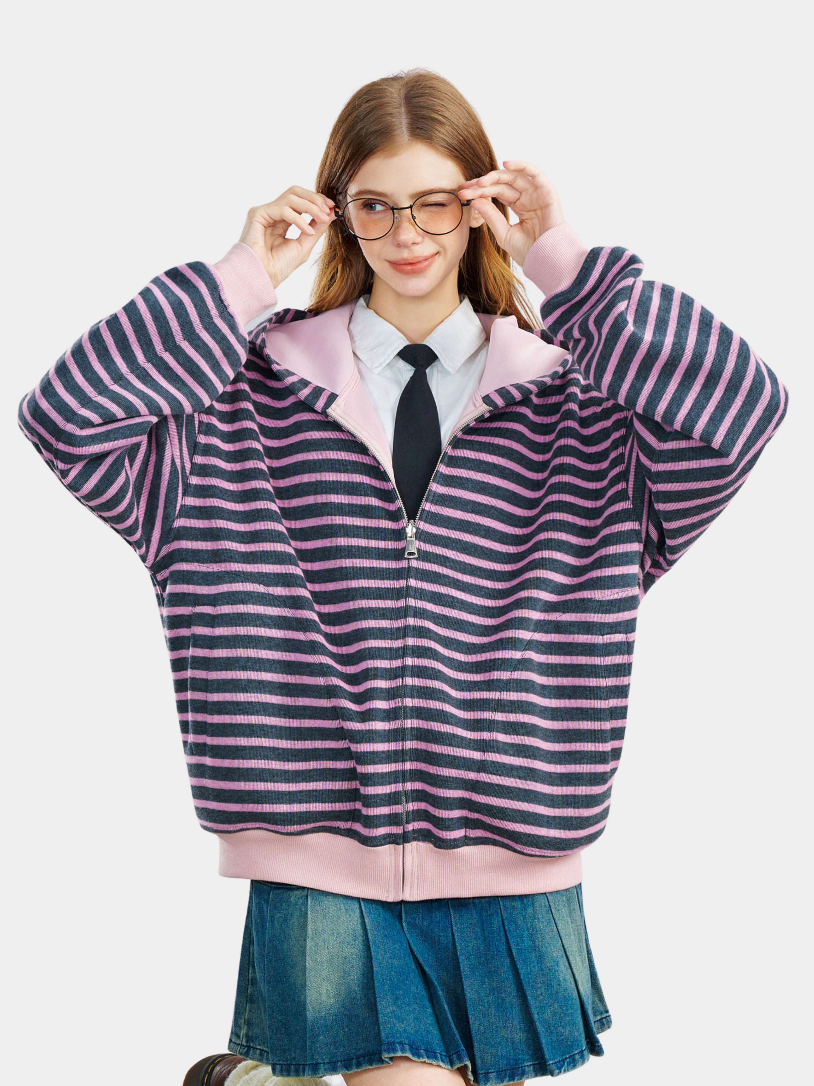 Ashrise - Unisex Striped Color-Block Hooded Zip-Up Sweatshirt