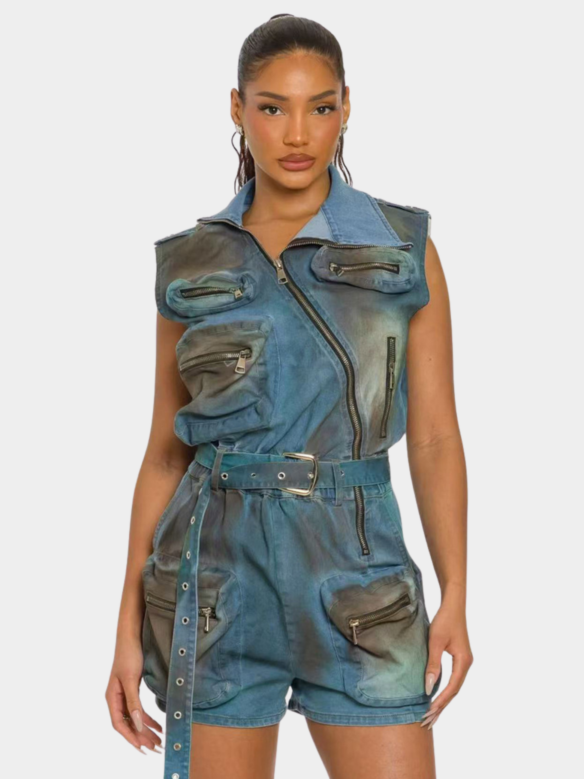 RavenMode - Women‘s Multi-Pocket Washed Sleeveless Jumpsuit with Shorts GONGGAR SPORTS