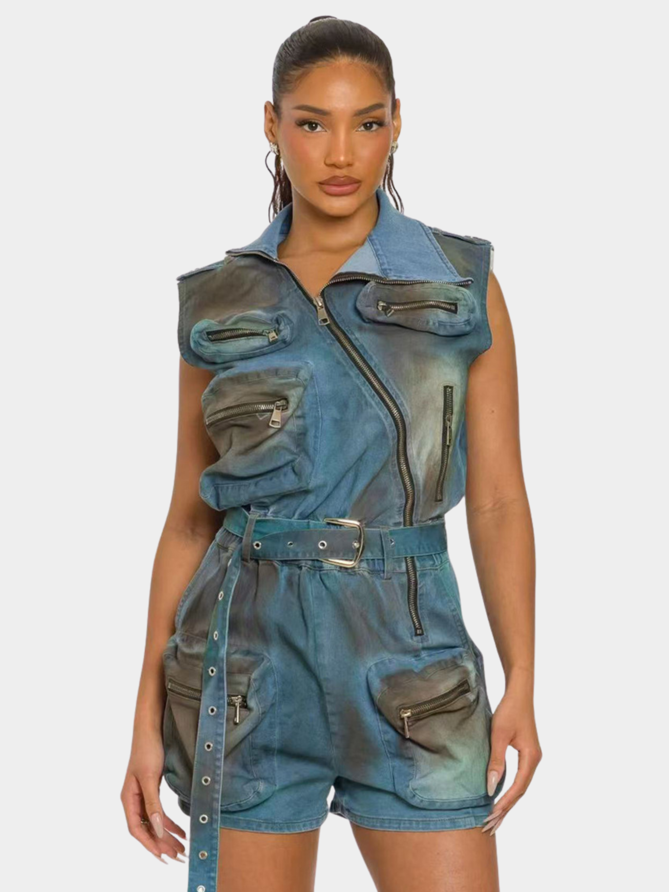 RavenMode - Women‘s Multi-Pocket Washed Sleeveless Jumpsuit with Shorts GONGGAR SPORTS