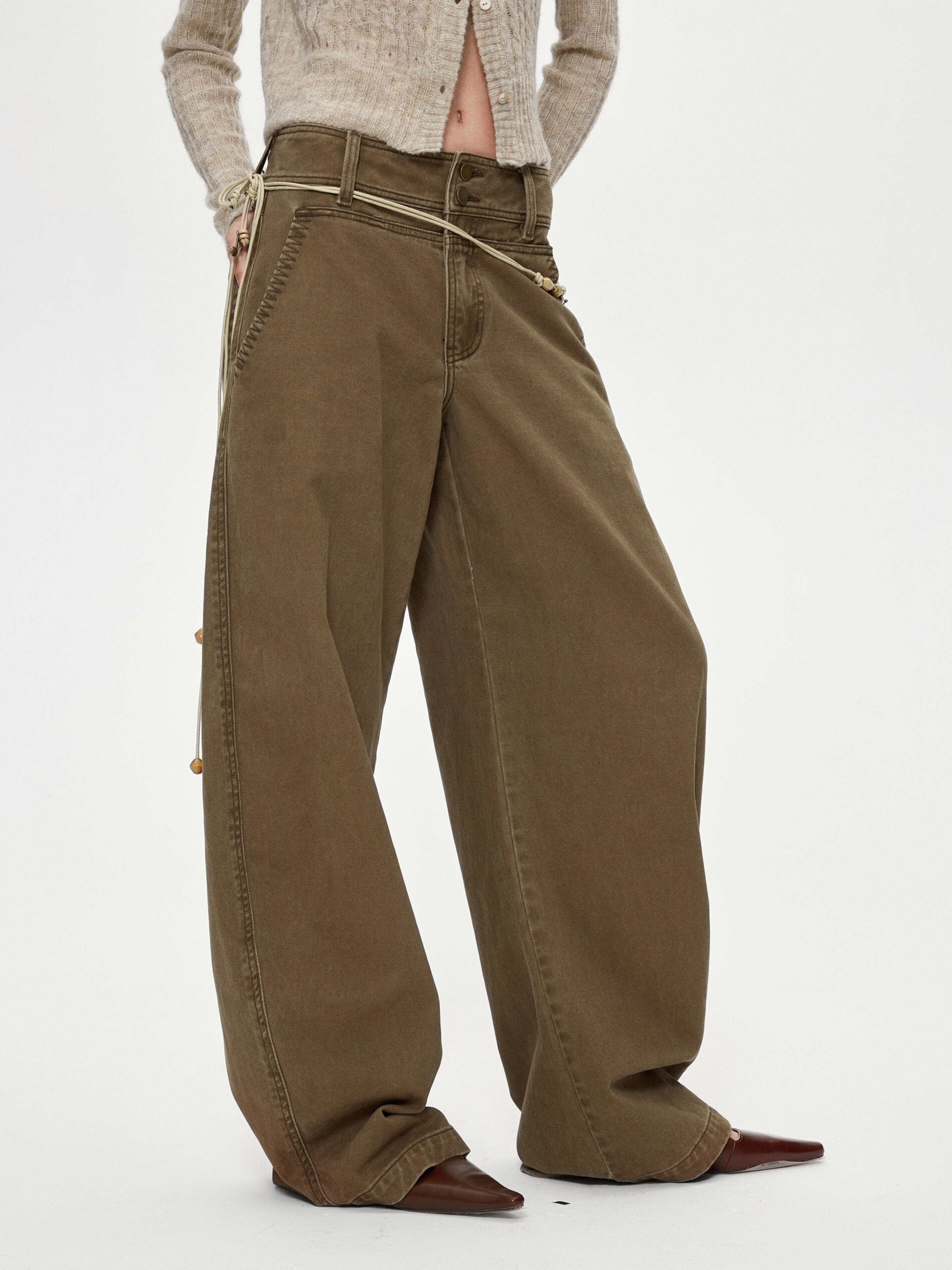 Ashgap - Women's Dual-Button Twill Cotton Curved-Leg Pants