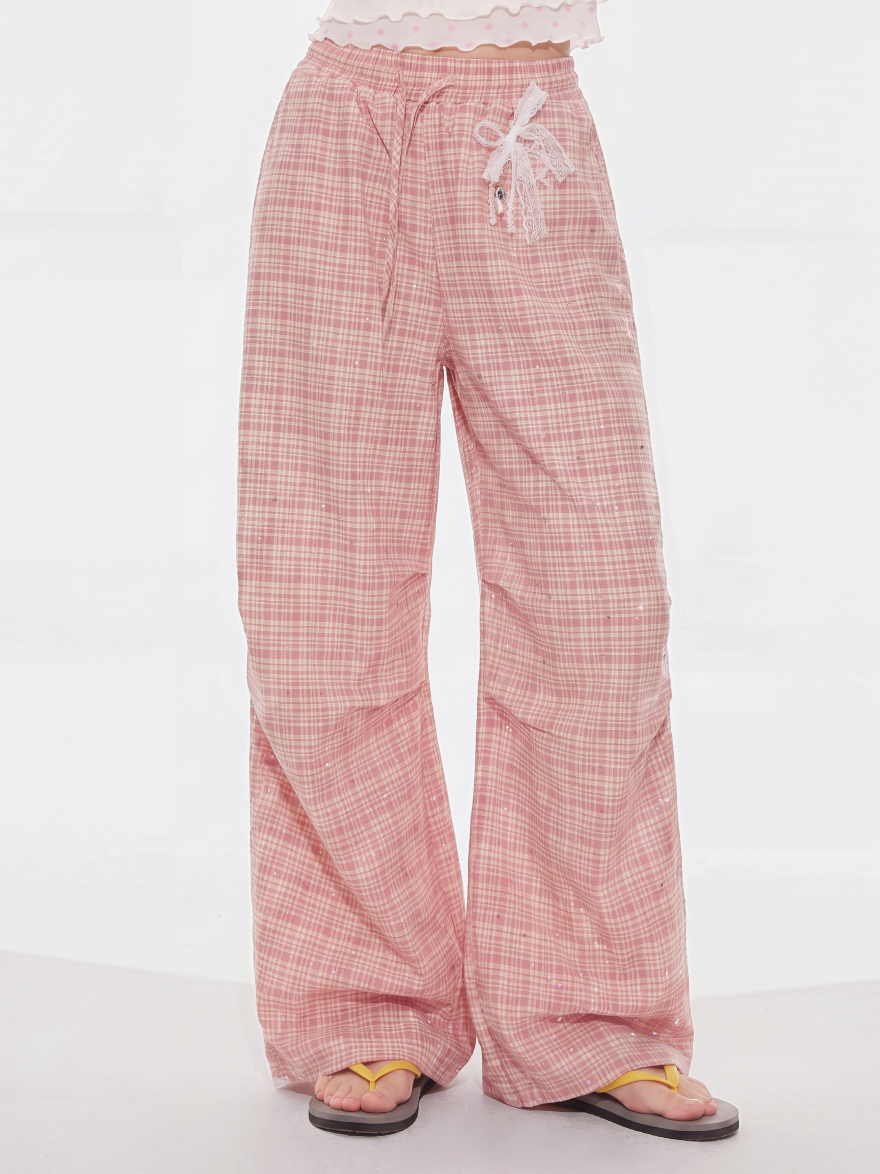 CupidFloat - Women's Plaid Rhinestone Embroidered Curved-Leg Pants
