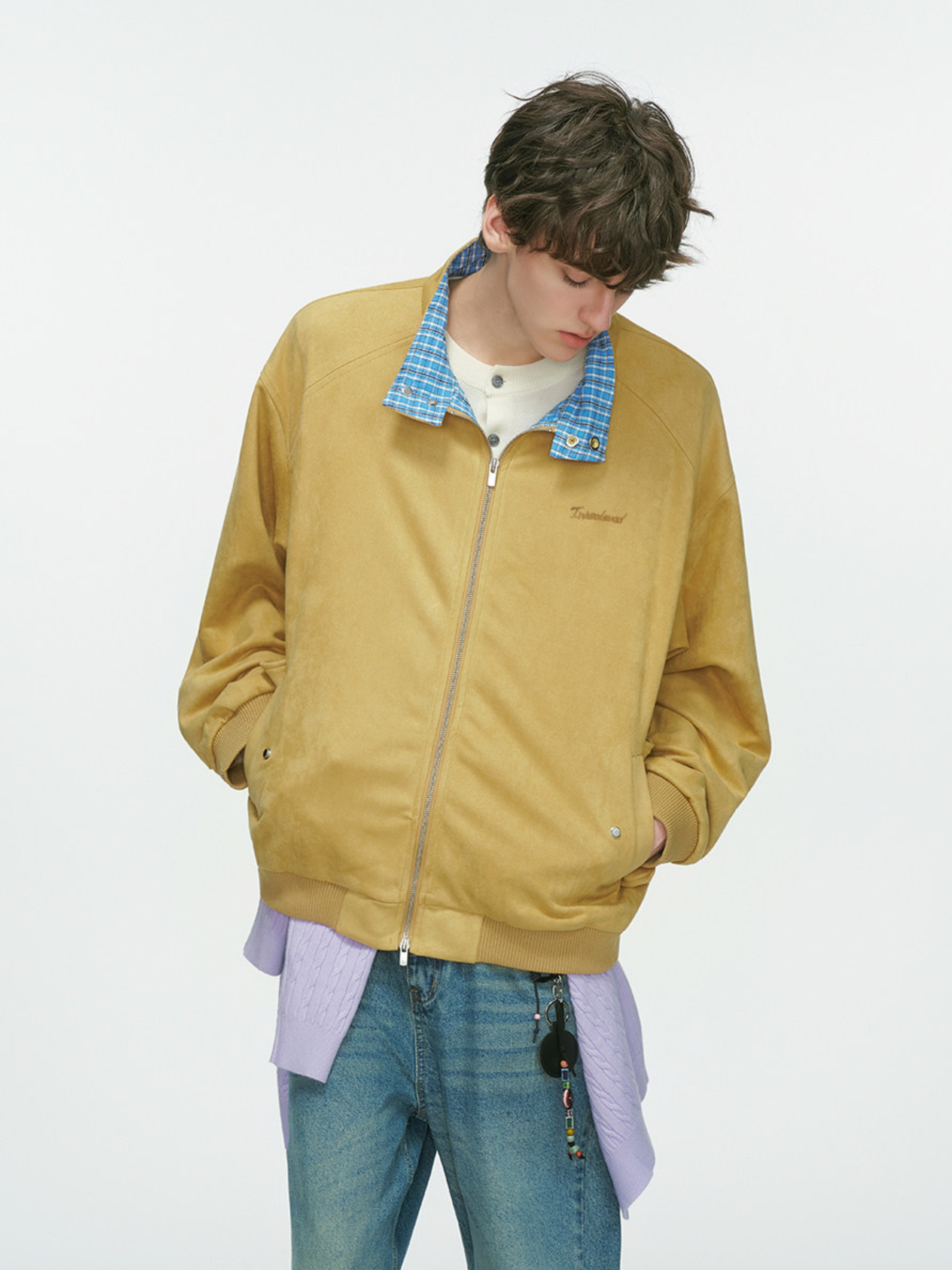 Cougarsong - Men's Check Panel Faux Suede Jacket
