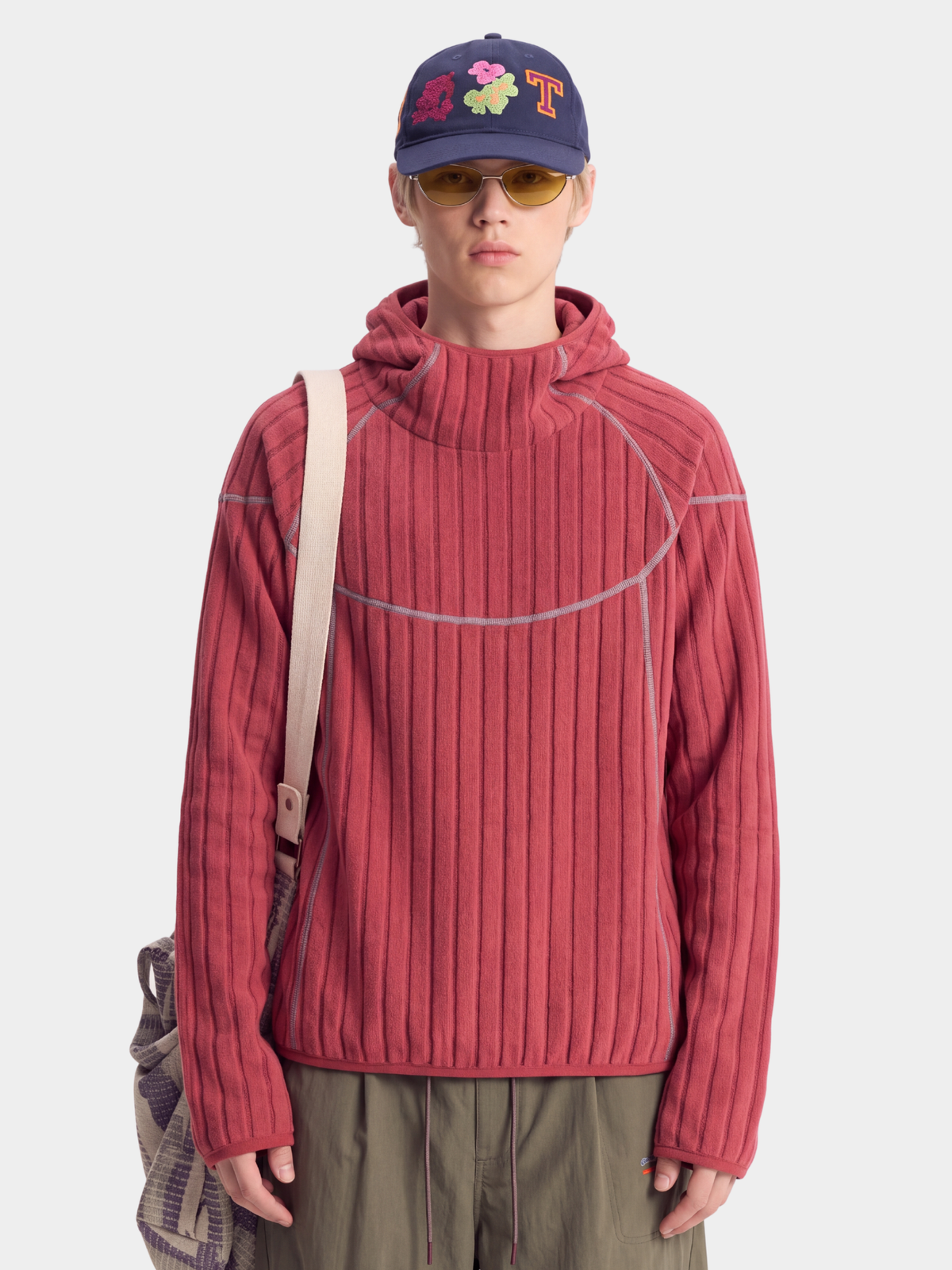 FlipHush - Textured Contrast-Stripe Hooded T-Shirt