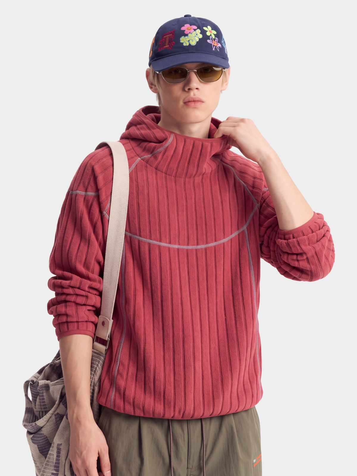 FlipHush - Textured Contrast-Stripe Hooded T-Shirt
