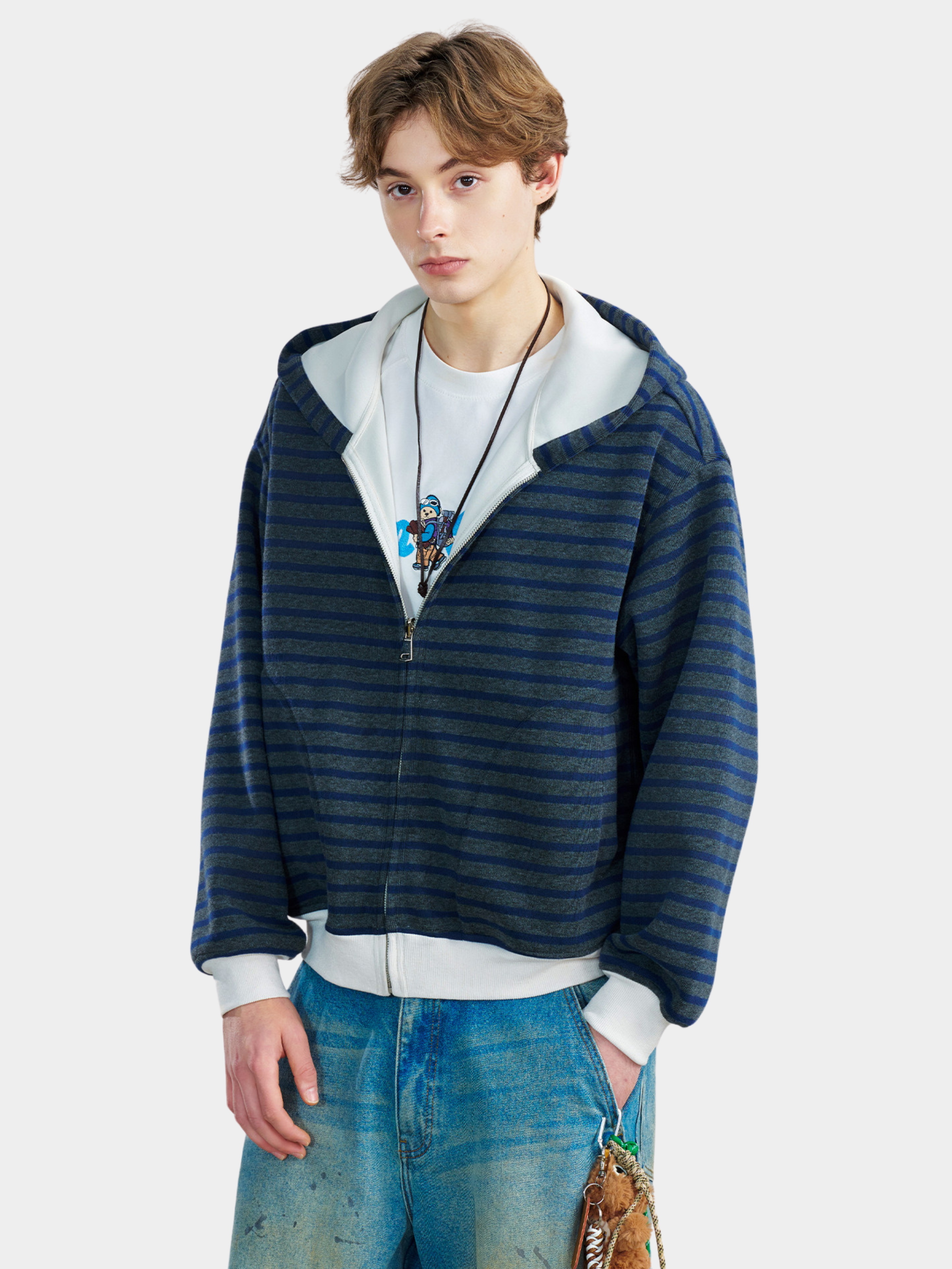 Ashrise - Striped Color-Block Hooded Zip-Up Sweatshirt