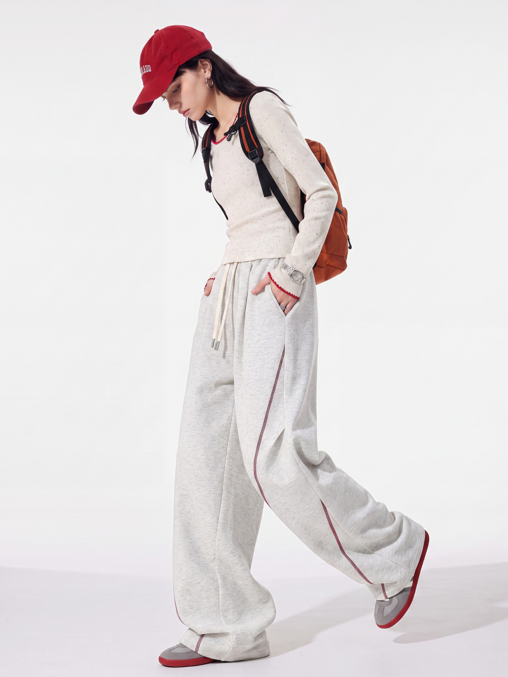 TraceSway - Women's Contrast Stitch Wide-Leg Pants