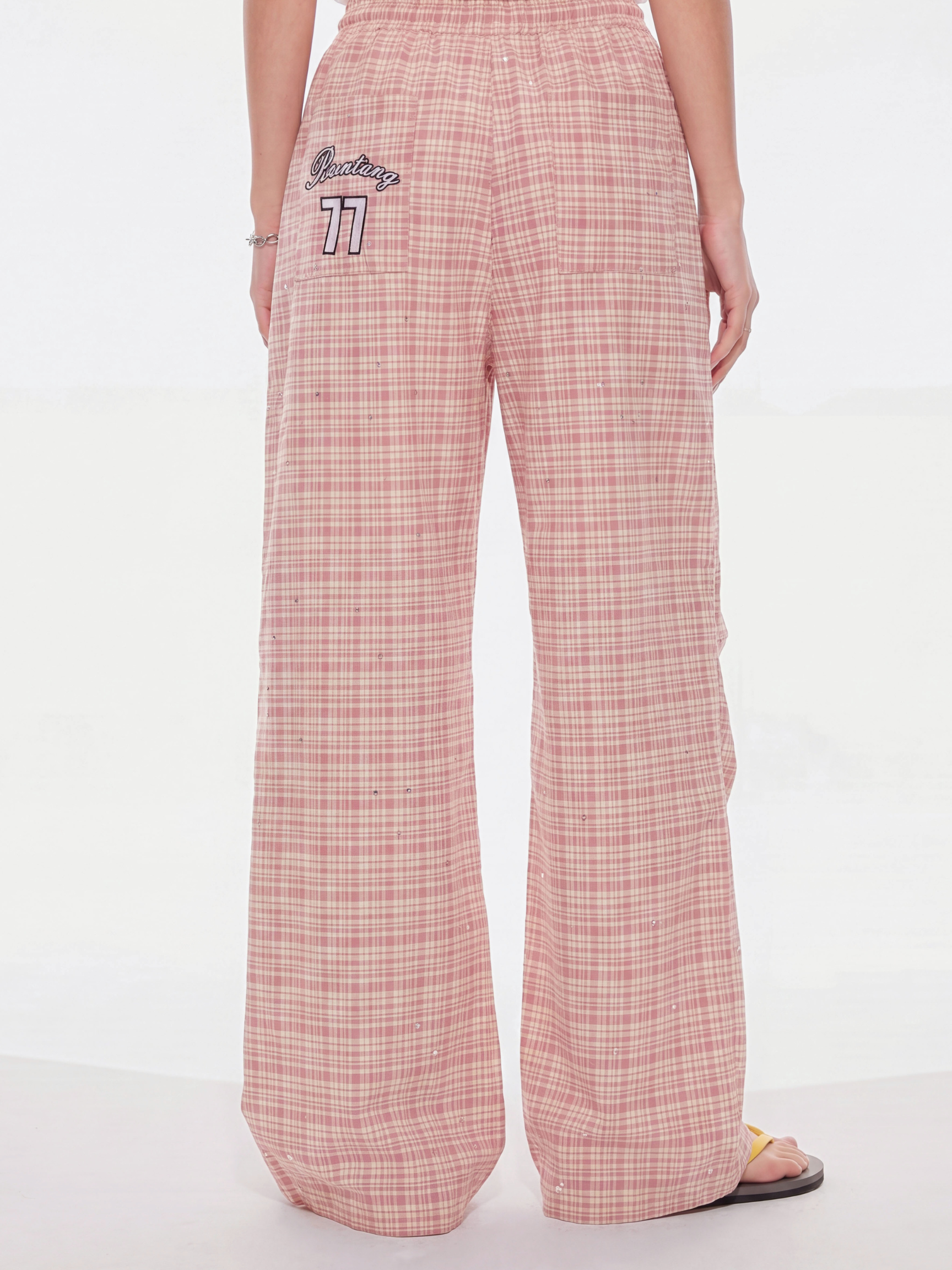 CupidFloat - Women's Plaid Rhinestone Embroidered Curved-Leg Pants