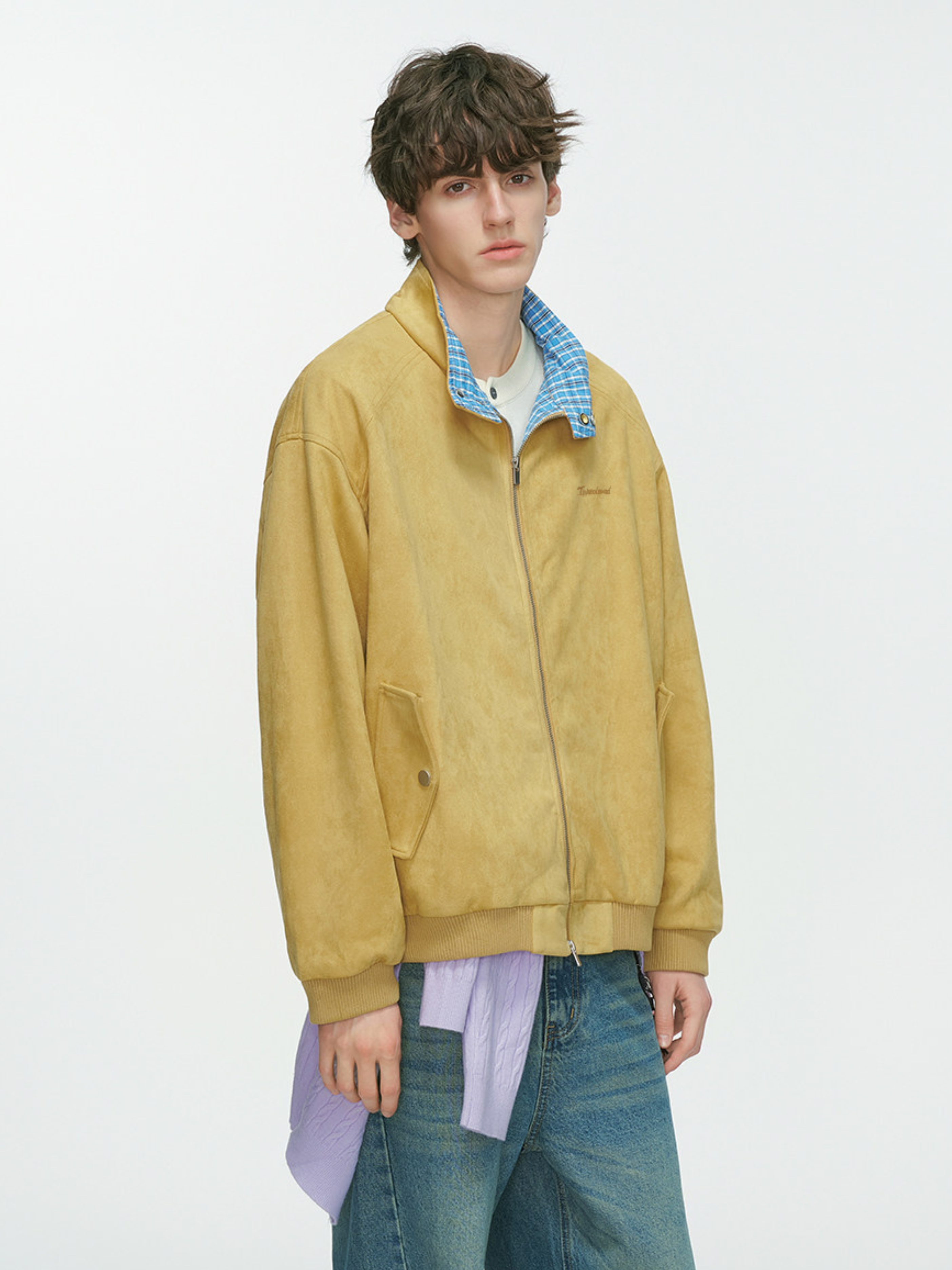 Cougarsong - Men's Check Panel Faux Suede Jacket
