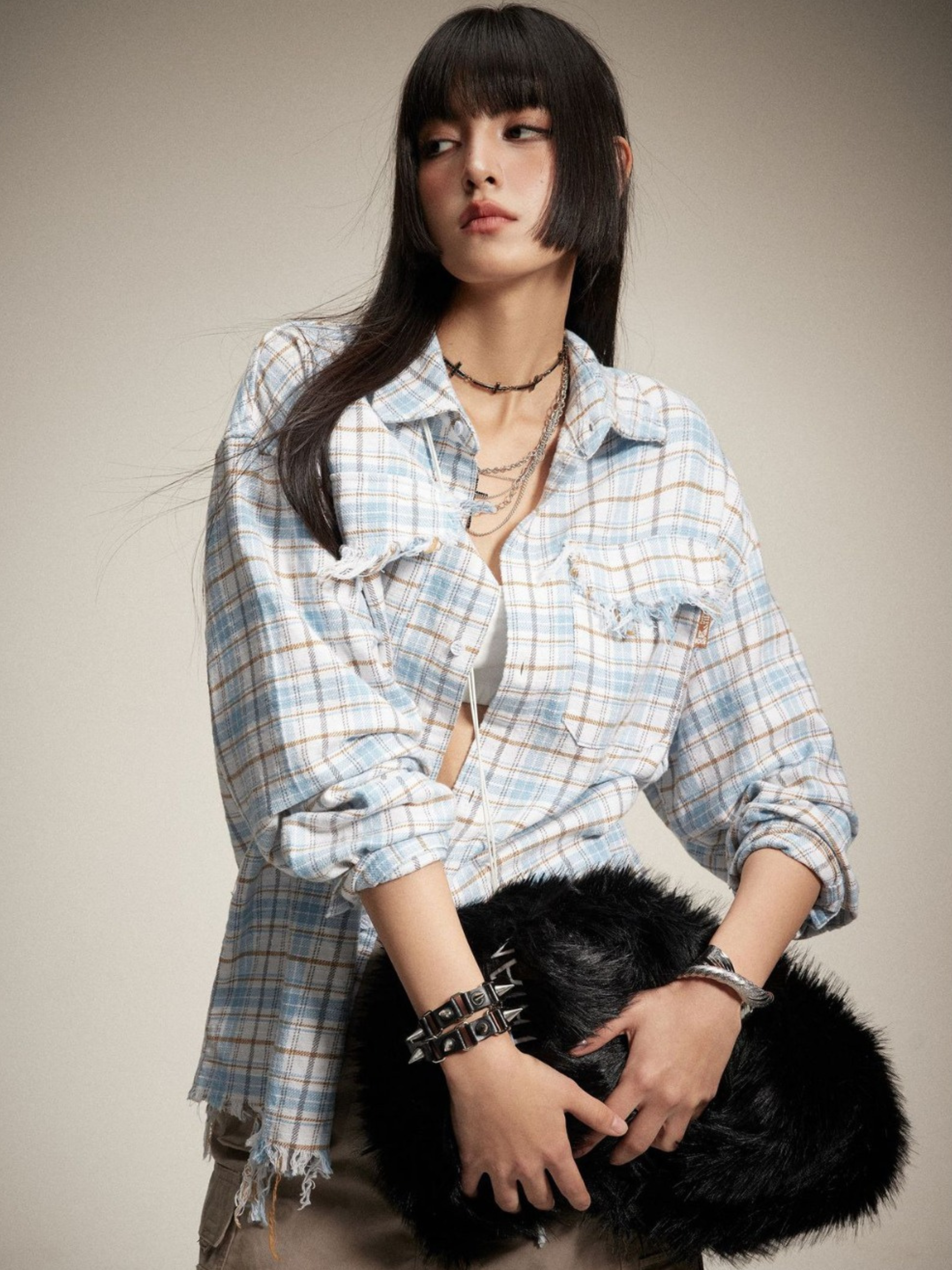 Blazetop - Women's Frayed Hem Plaid Long Sleeve Shirt