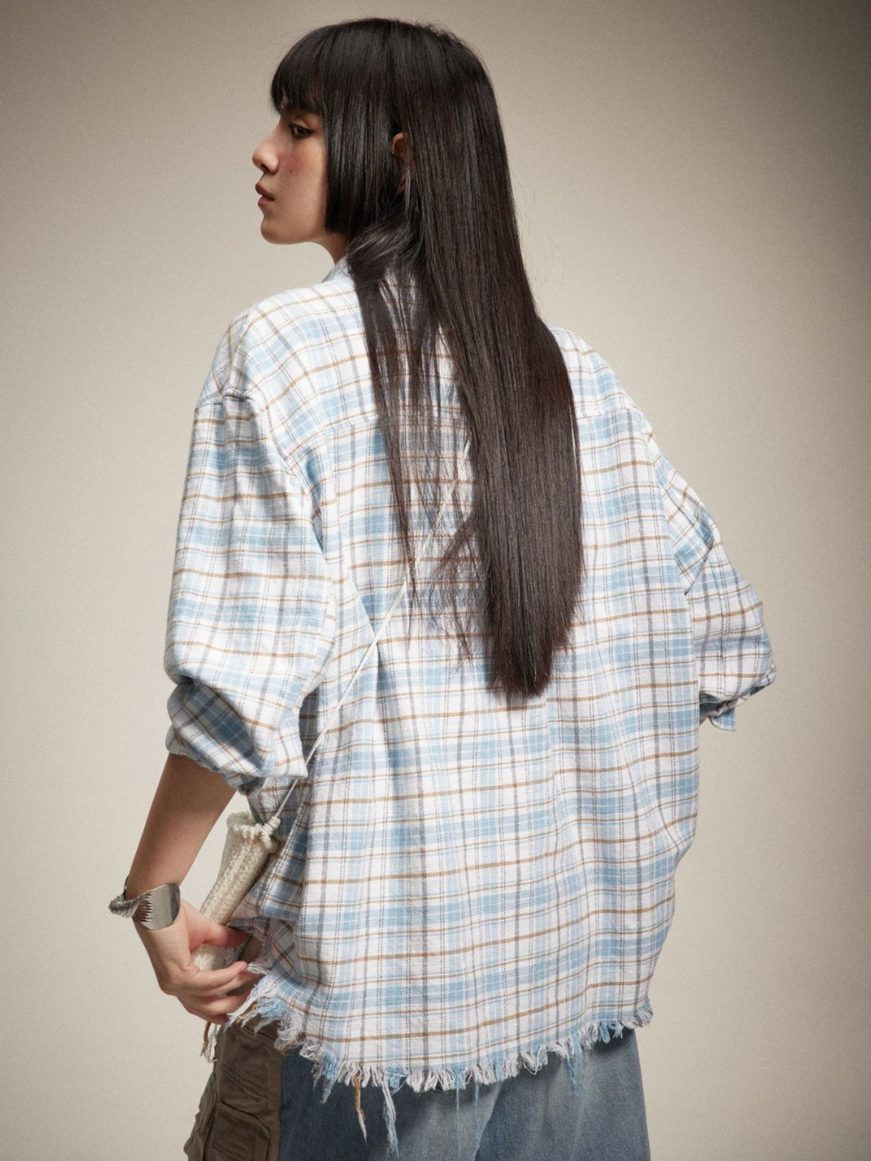 Blazetop - Women's Frayed Hem Plaid Long Sleeve Shirt