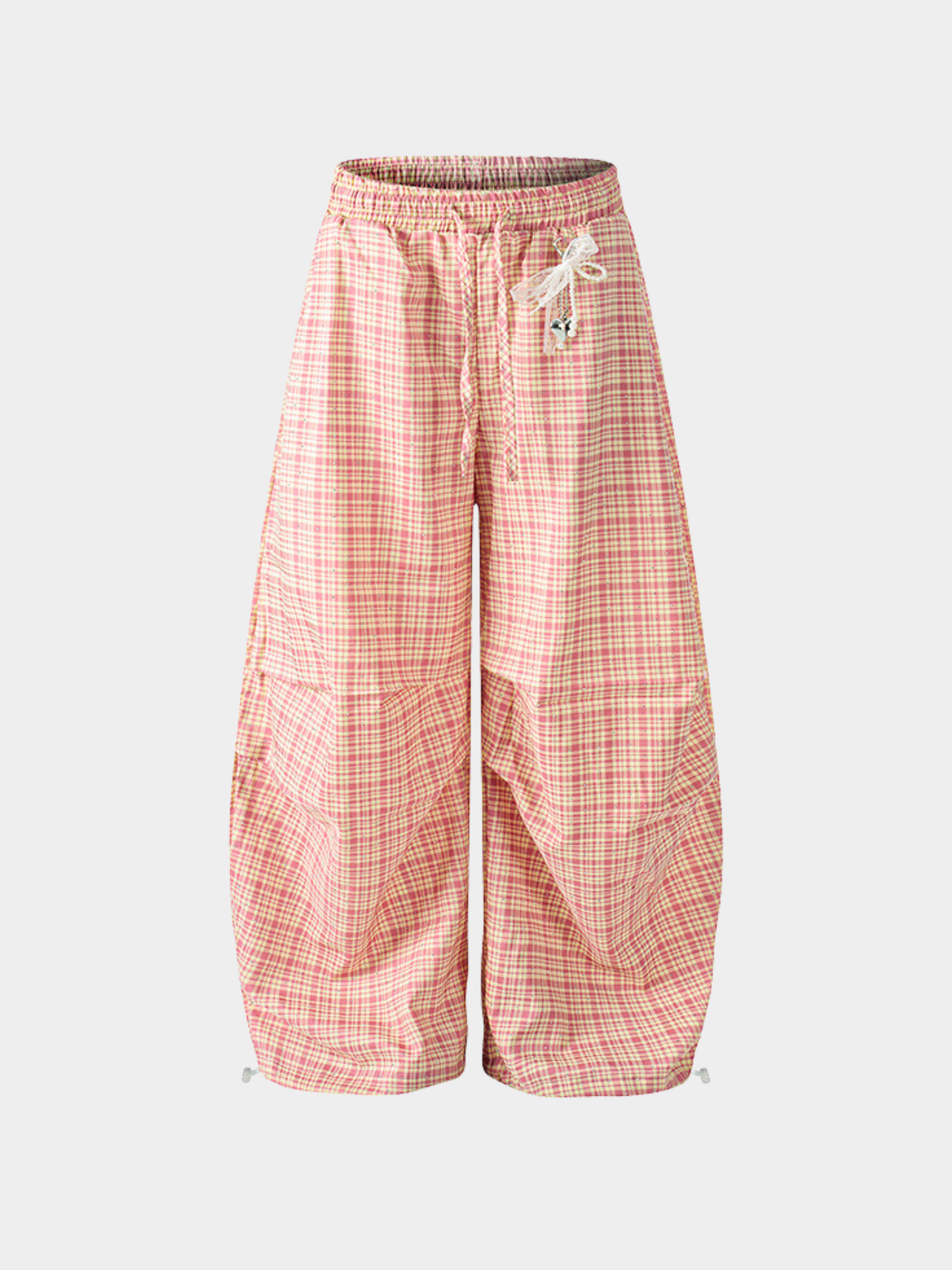 CupidFloat - Women's Plaid Rhinestone Embroidered Curved-Leg Pants