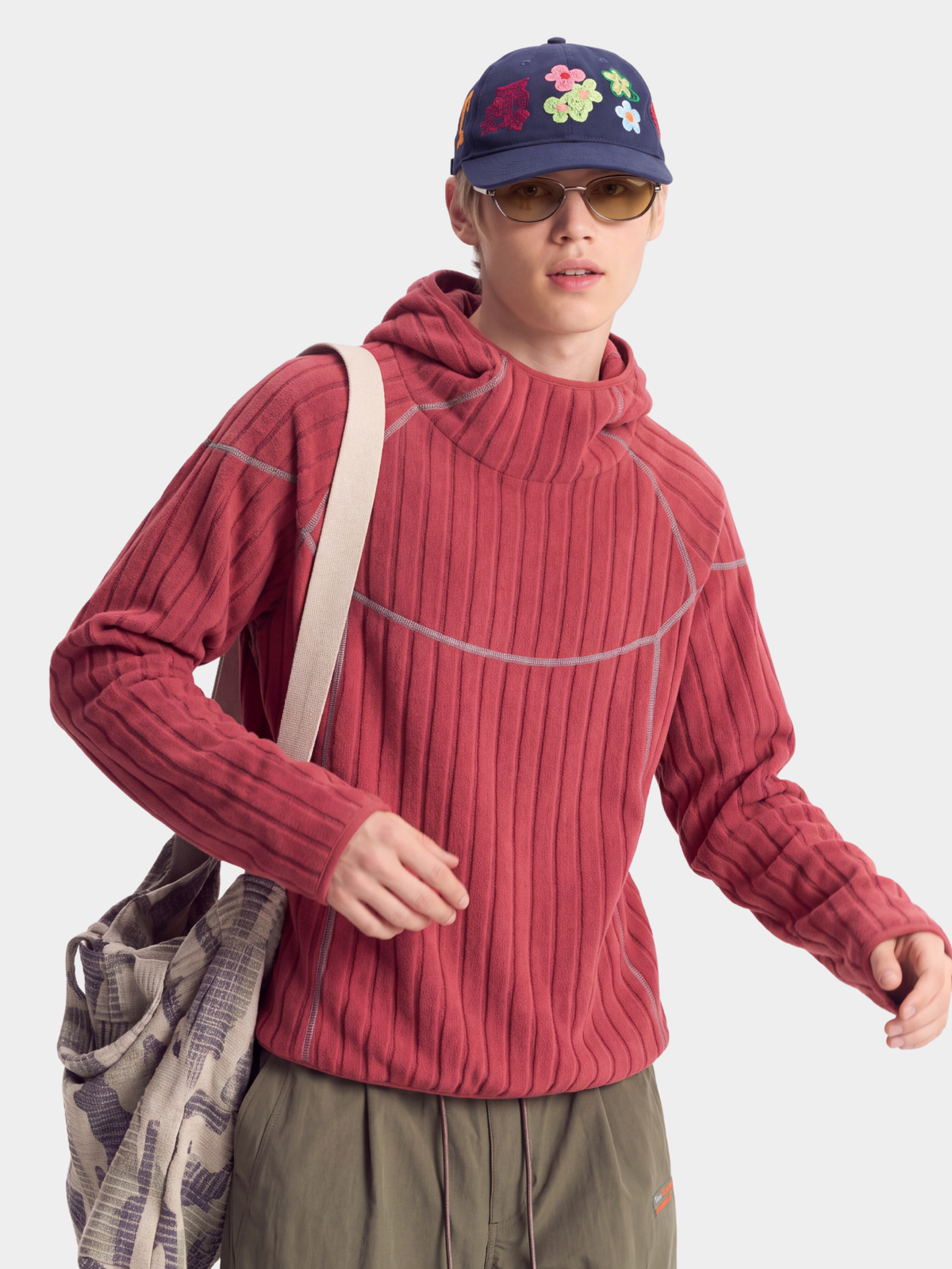 FlipHush - Textured Contrast-Stripe Hooded T-Shirt