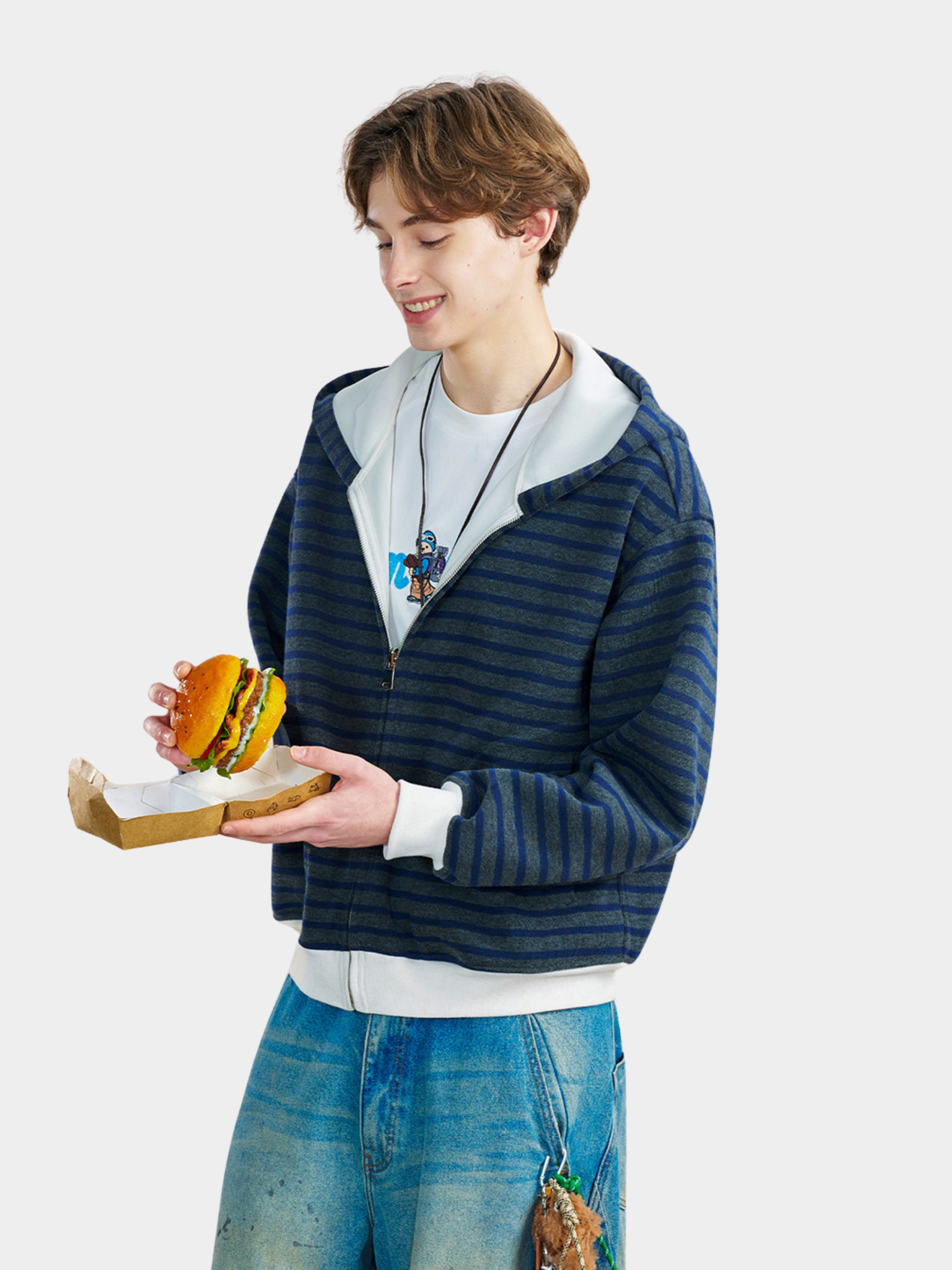 Ashrise - Striped Color-Block Hooded Zip-Up Sweatshirt