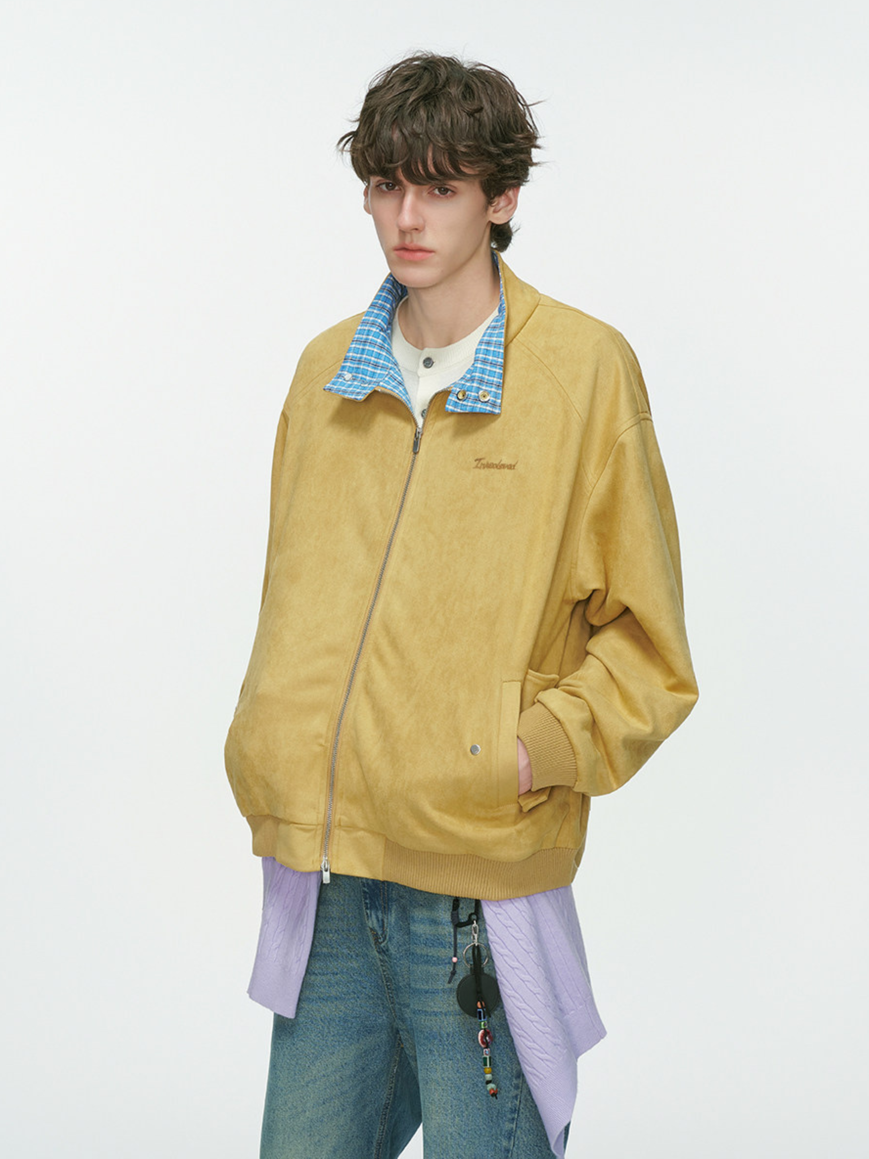 Cougarsong - Men's Check Panel Faux Suede Jacket