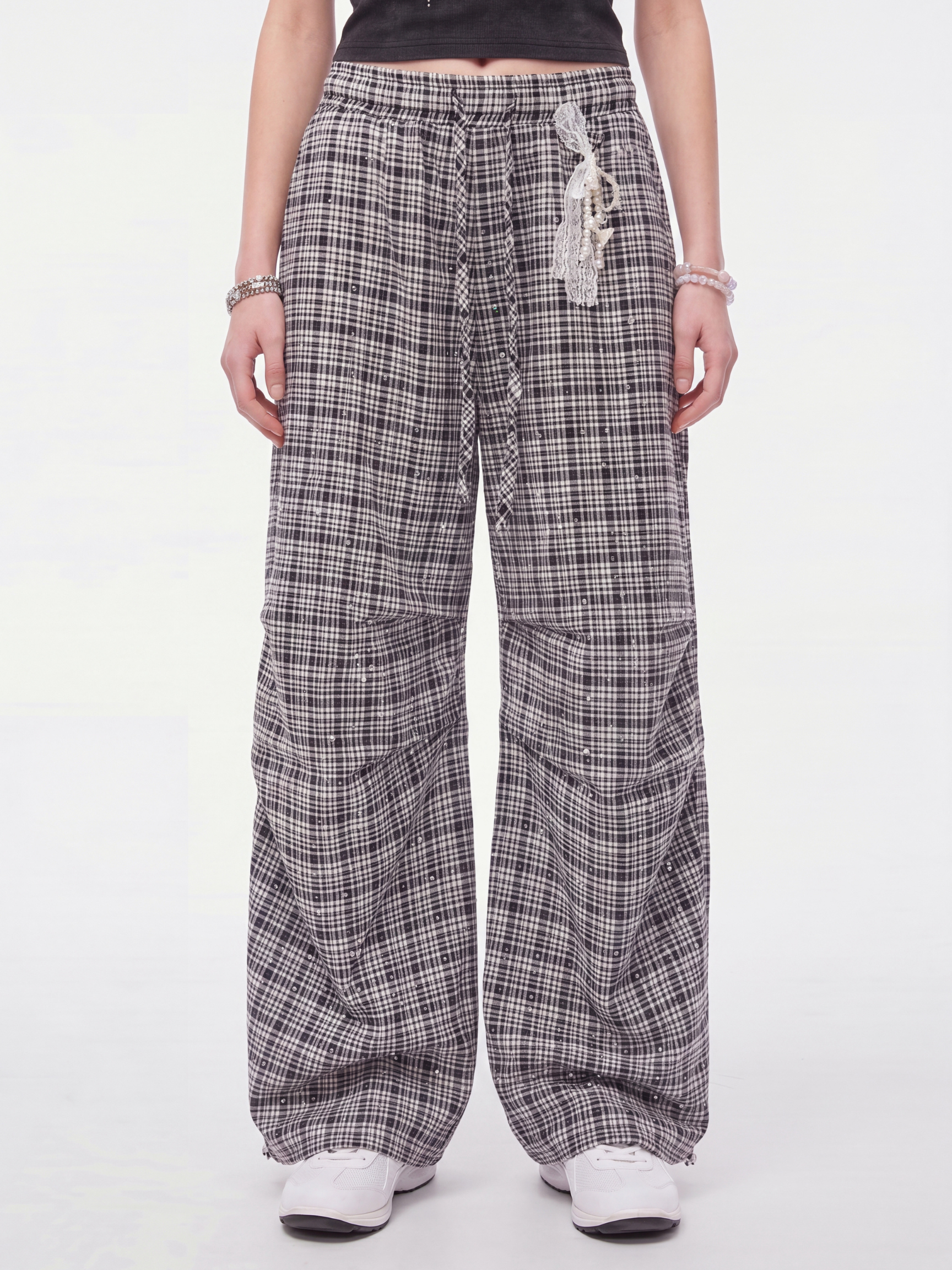 CupidFloat - Women's Plaid Rhinestone Embroidered Curved-Leg Pants