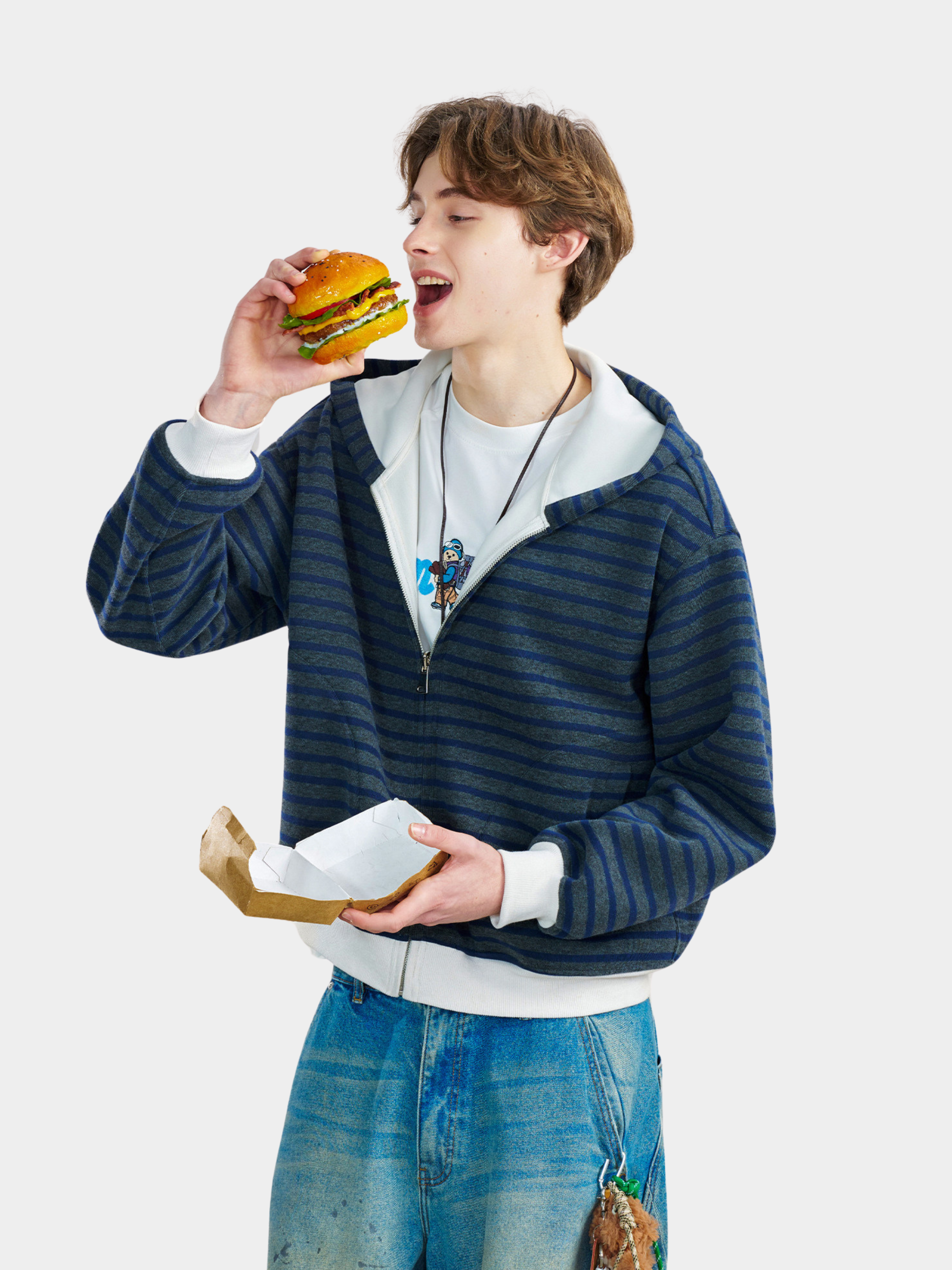 Ashrise - Unisex Striped Color-Block Hooded Zip-Up Sweatshirt