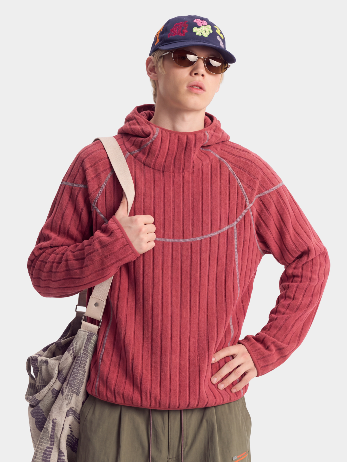FlipHush - Textured Contrast-Stripe Hooded T-Shirt