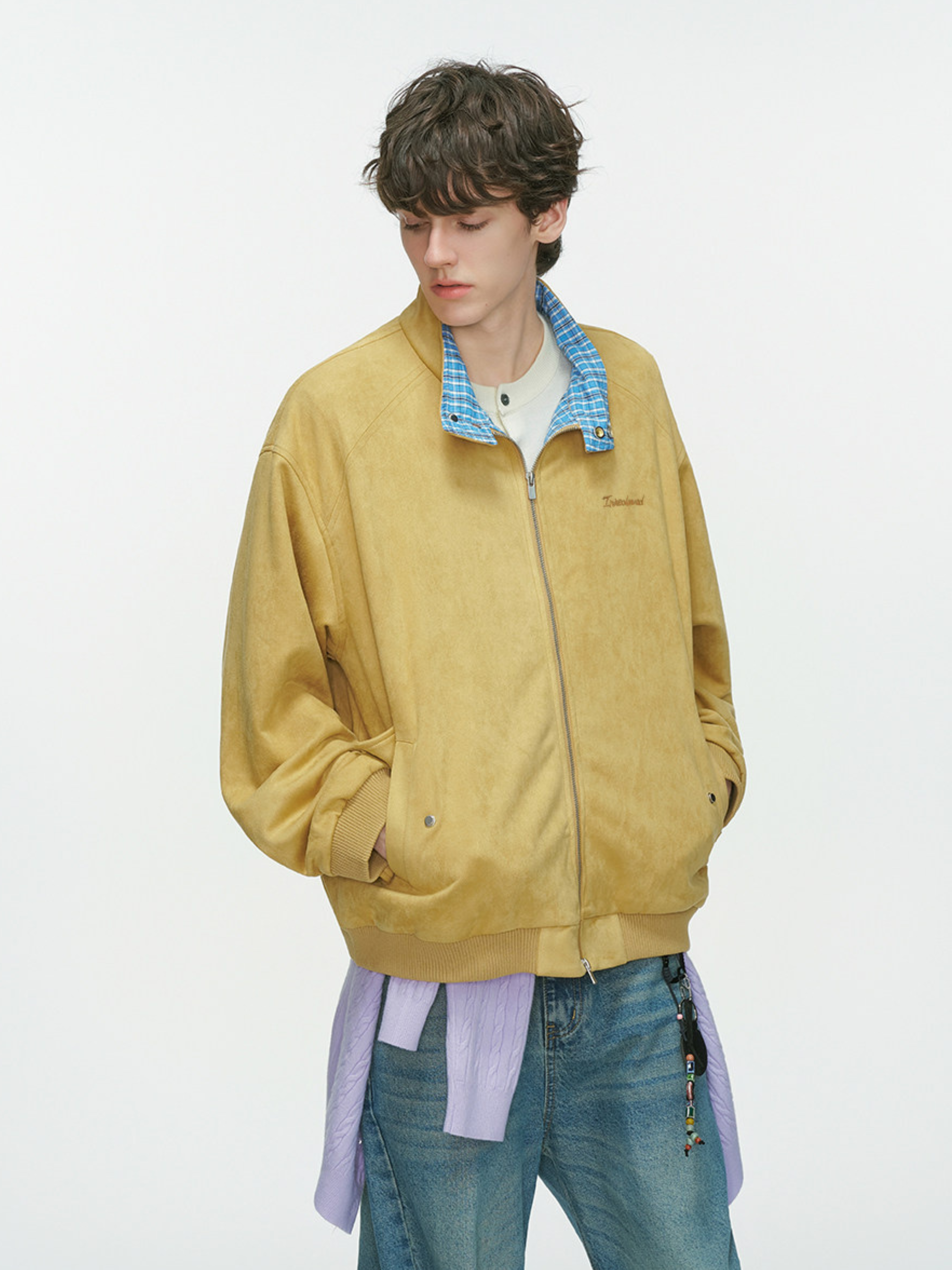 Cougarsong - Men's Check Panel Faux Suede Jacket
