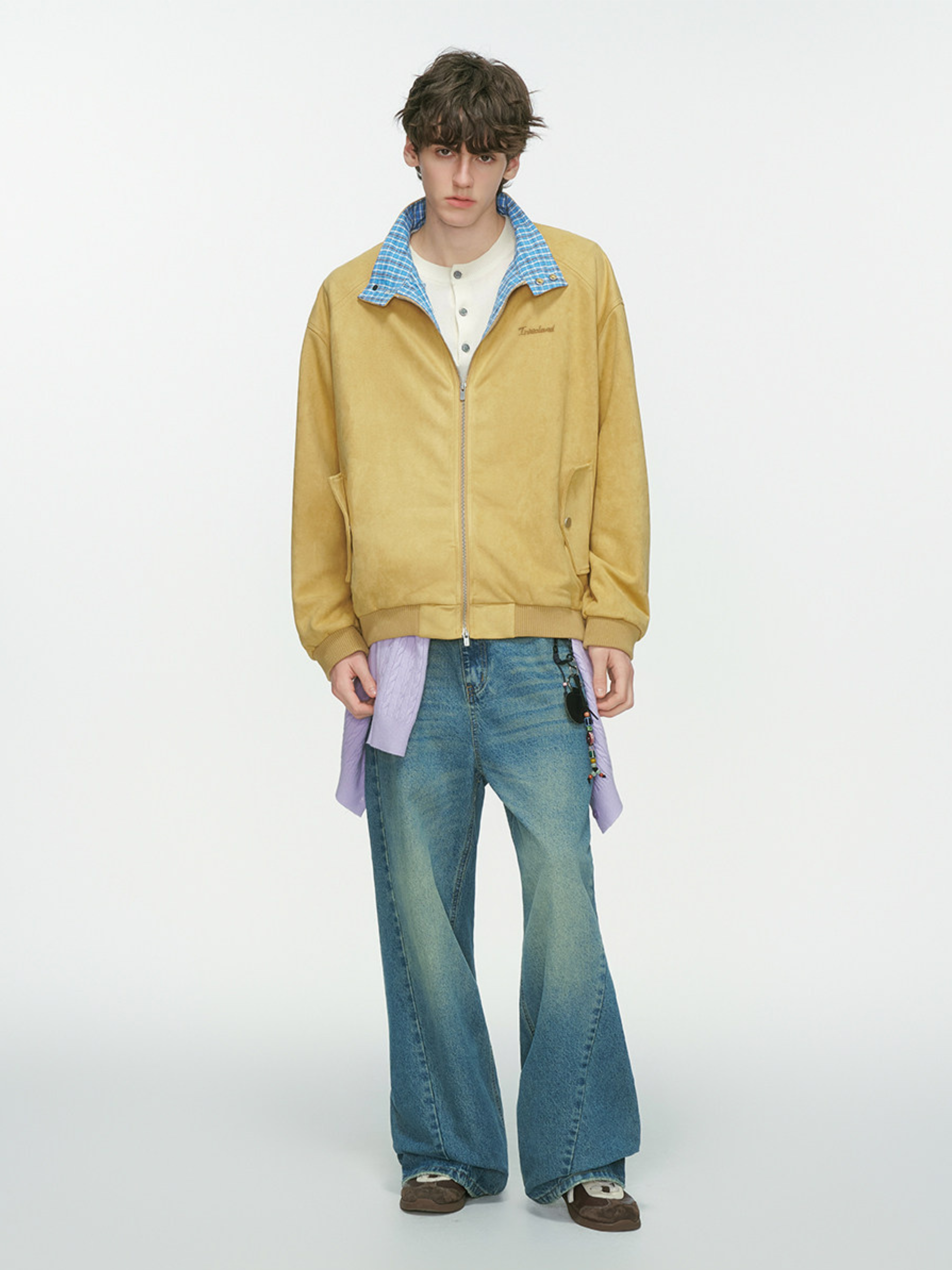 Cougarsong - Men's Check Panel Faux Suede Jacket