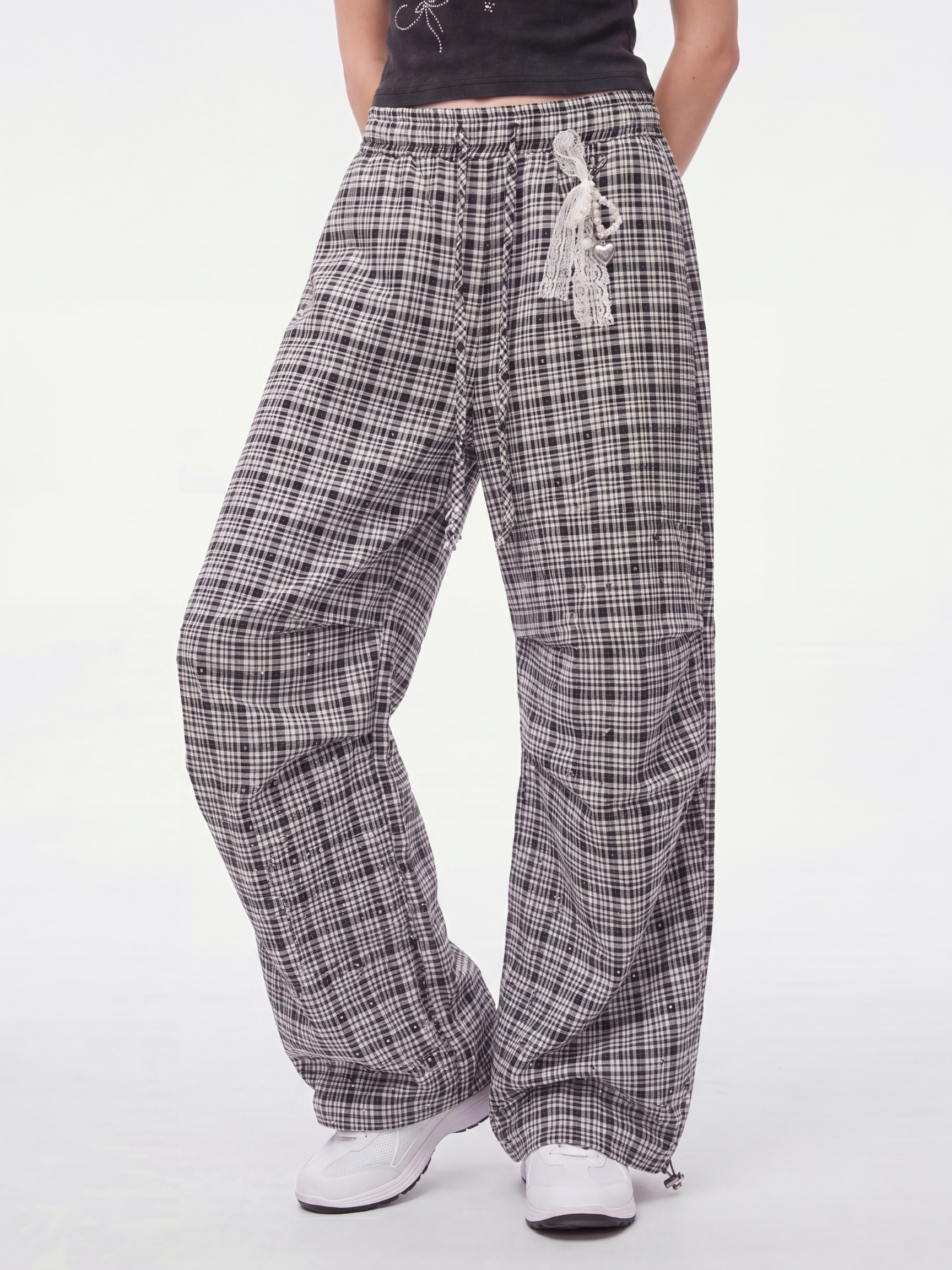 CupidFloat - Women's Plaid Rhinestone Embroidered Curved-Leg Pants