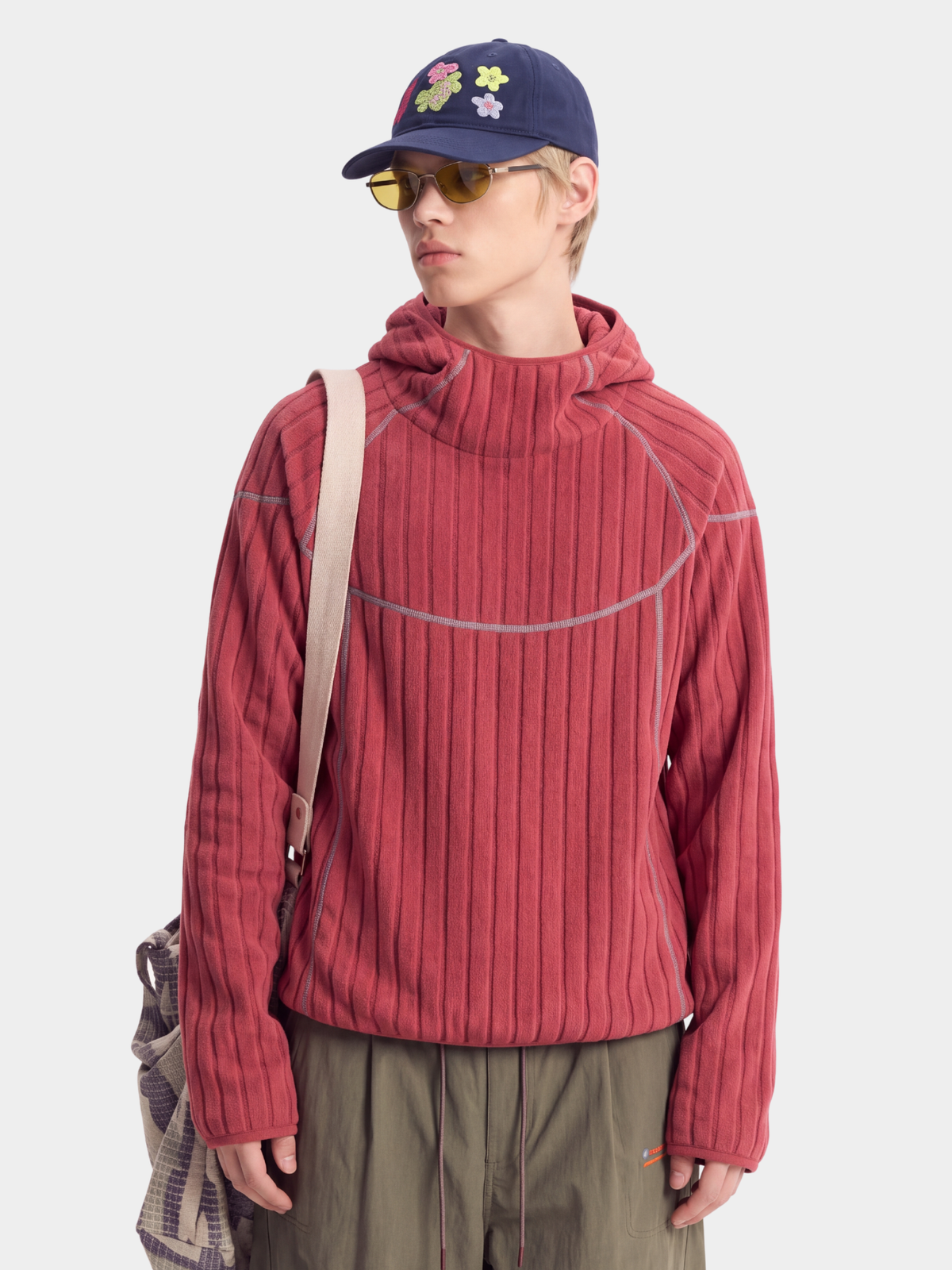 FlipHush - Textured Contrast-Stripe Hooded T-Shirt