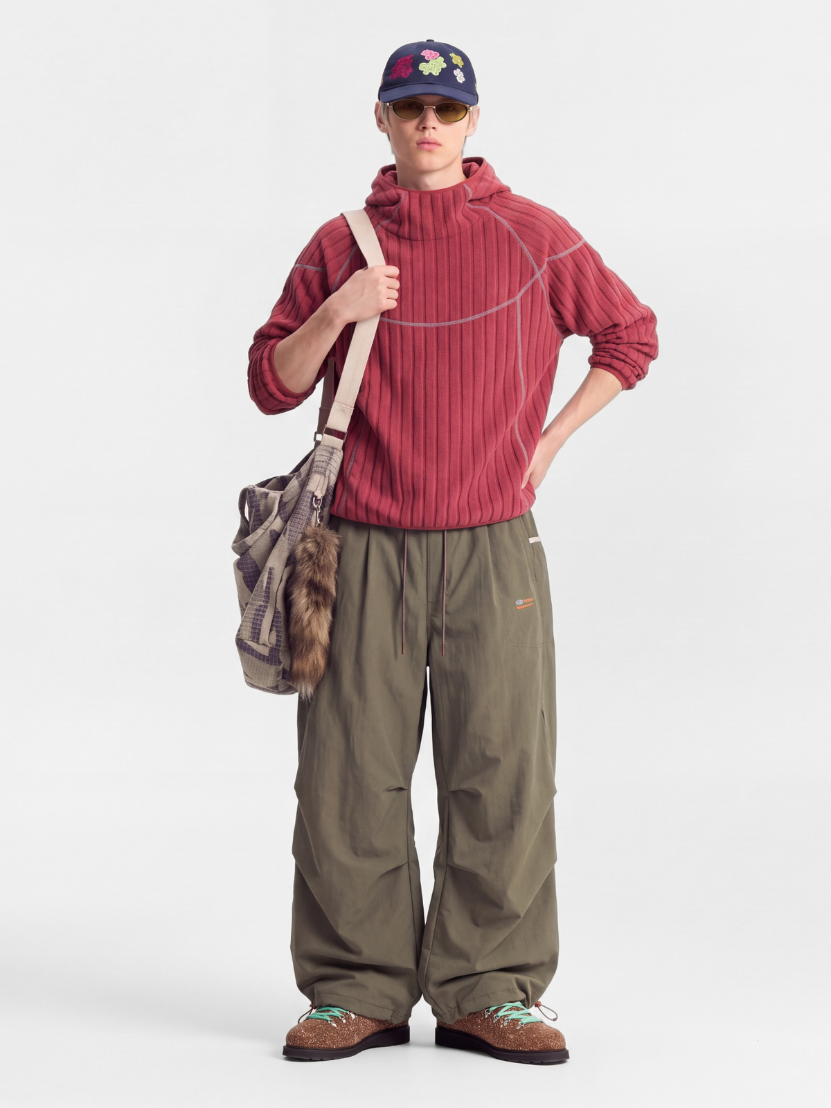 FlipHush - Textured Contrast-Stripe Hooded T-Shirt