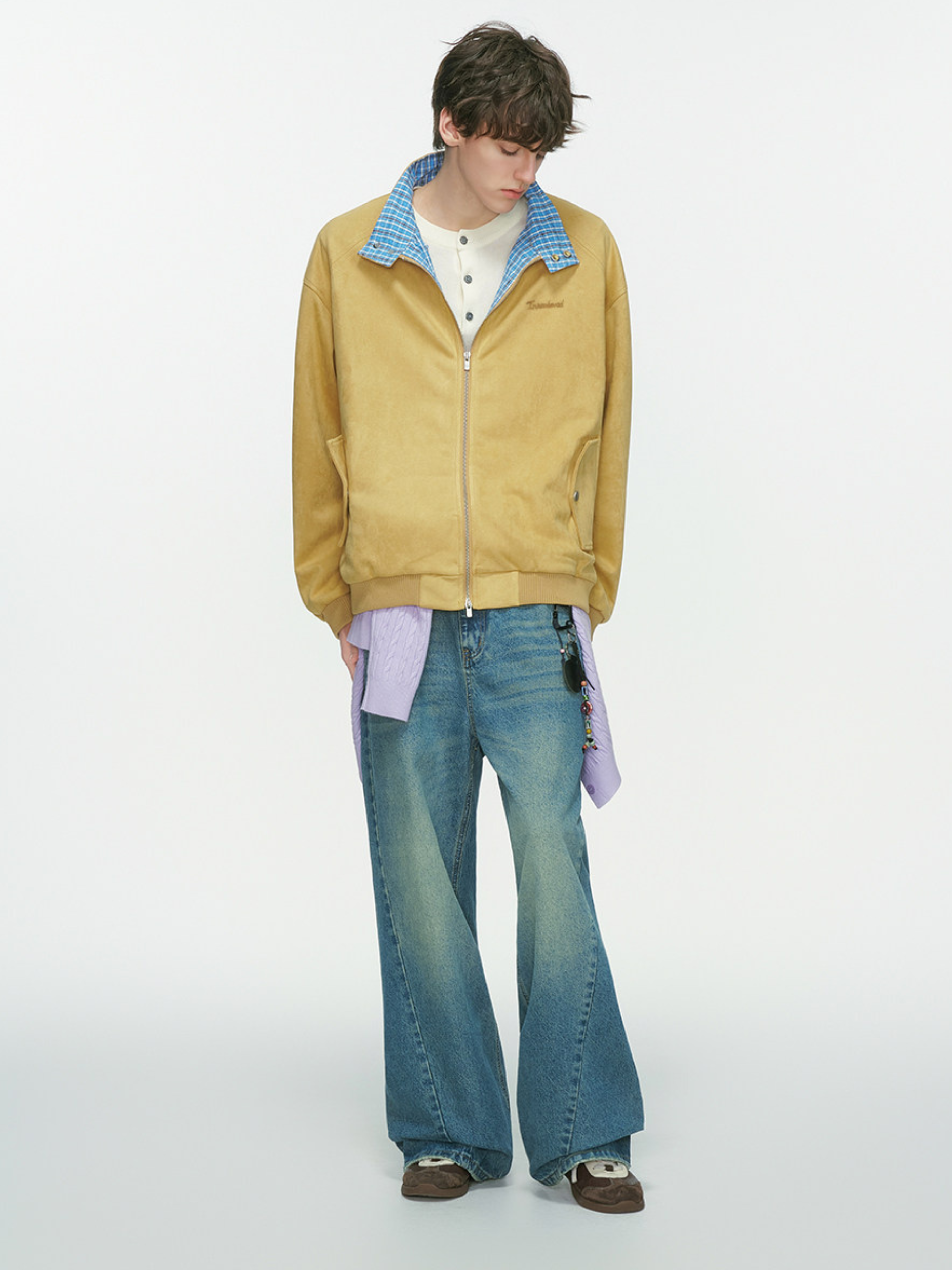 Cougarsong - Men's Check Panel Faux Suede Jacket