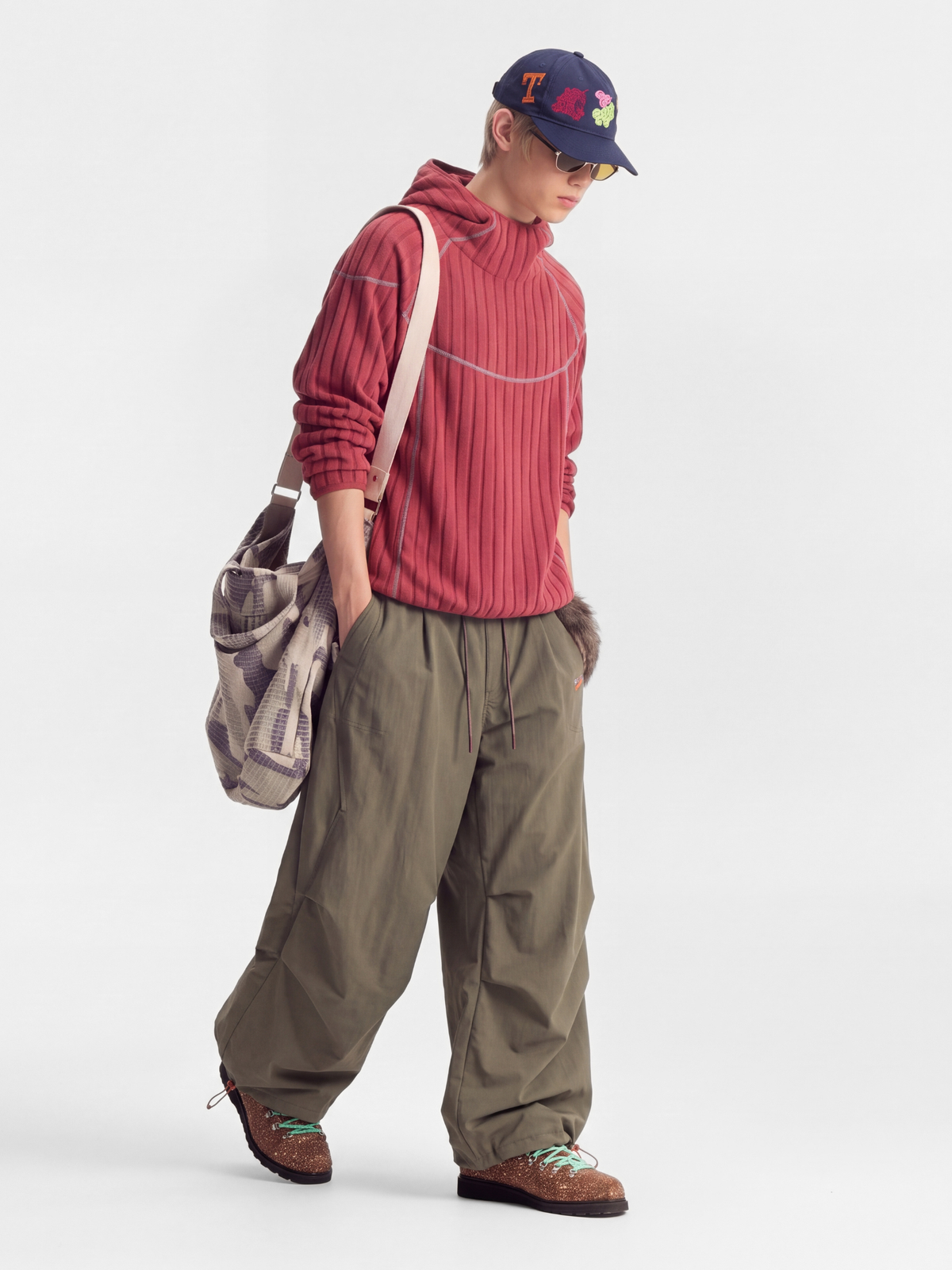 FlipHush - Textured Contrast-Stripe Hooded T-Shirt