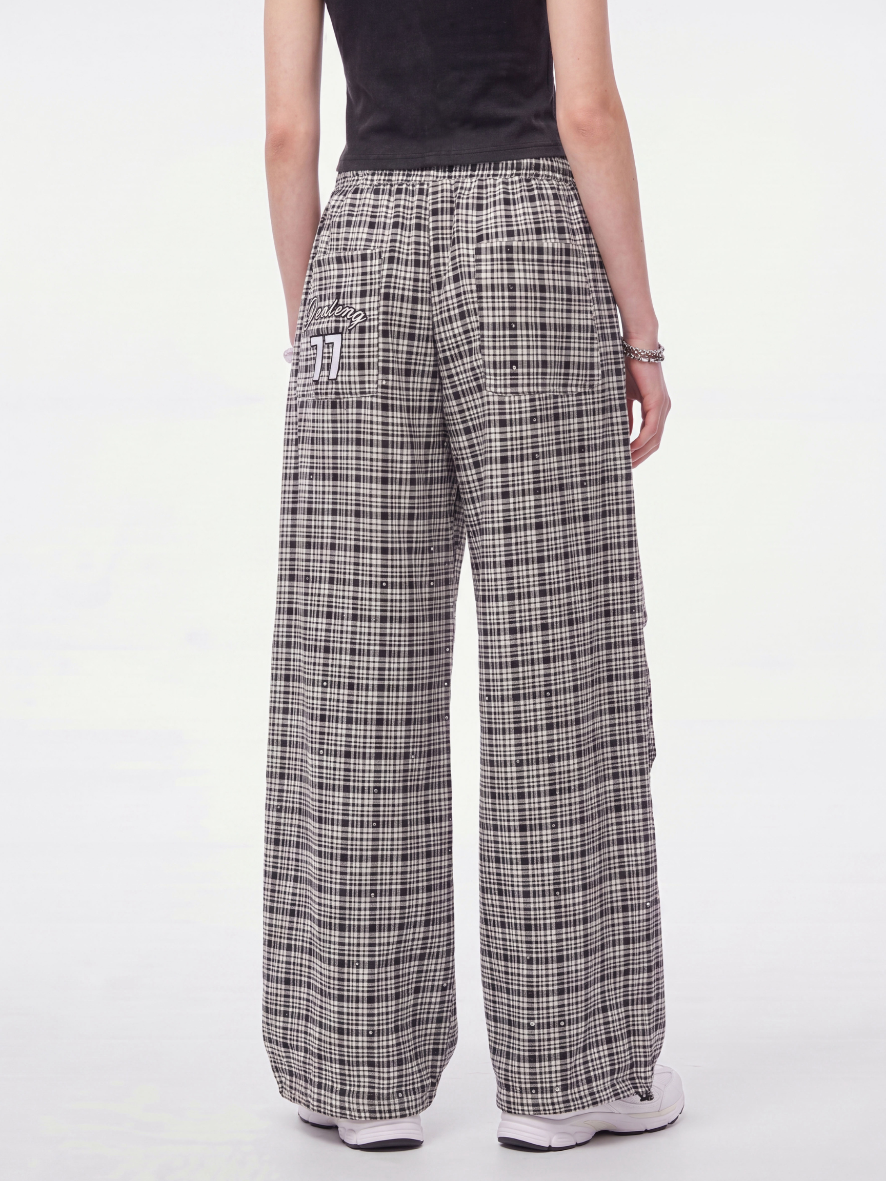 CupidFloat - Women's Plaid Rhinestone Embroidered Curved-Leg Pants