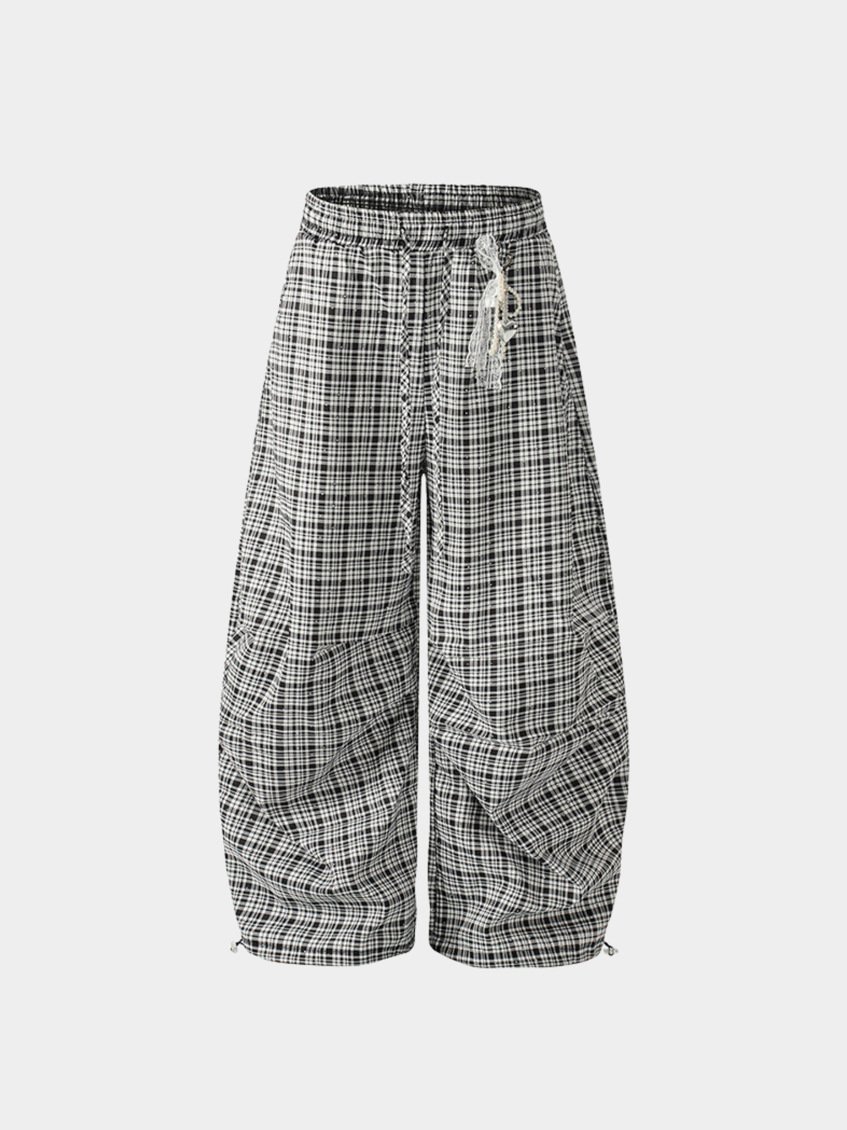 CupidFloat - Women's Plaid Rhinestone Embroidered Curved-Leg Pants